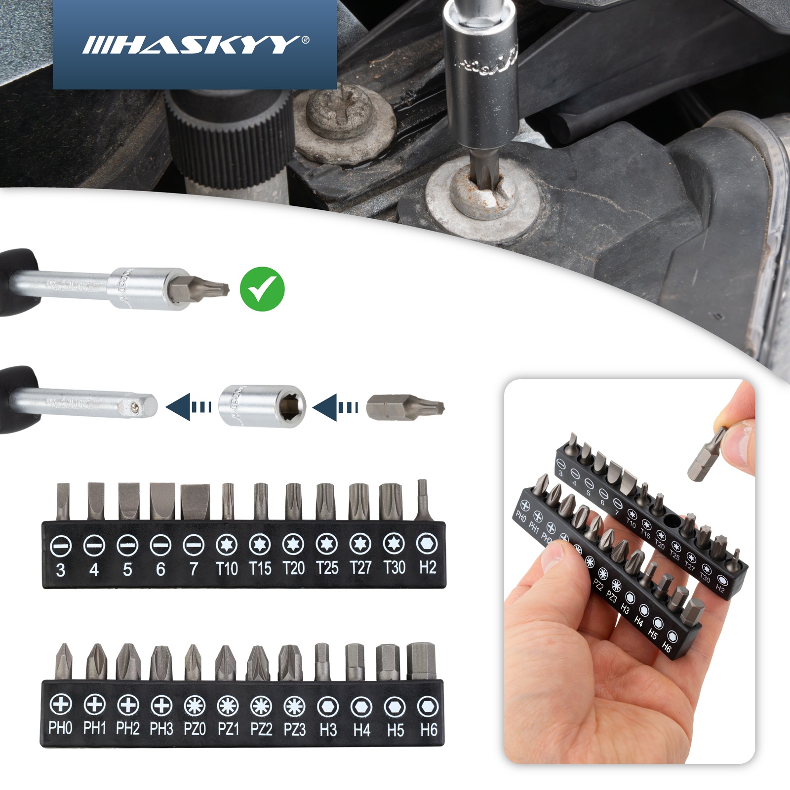 HASKYY 52 tlg. Werkzeugkoffer - Vielzahn Steckschlüssel & Bits Set mit Ratschenfunktion Zöllisch & Metrisch