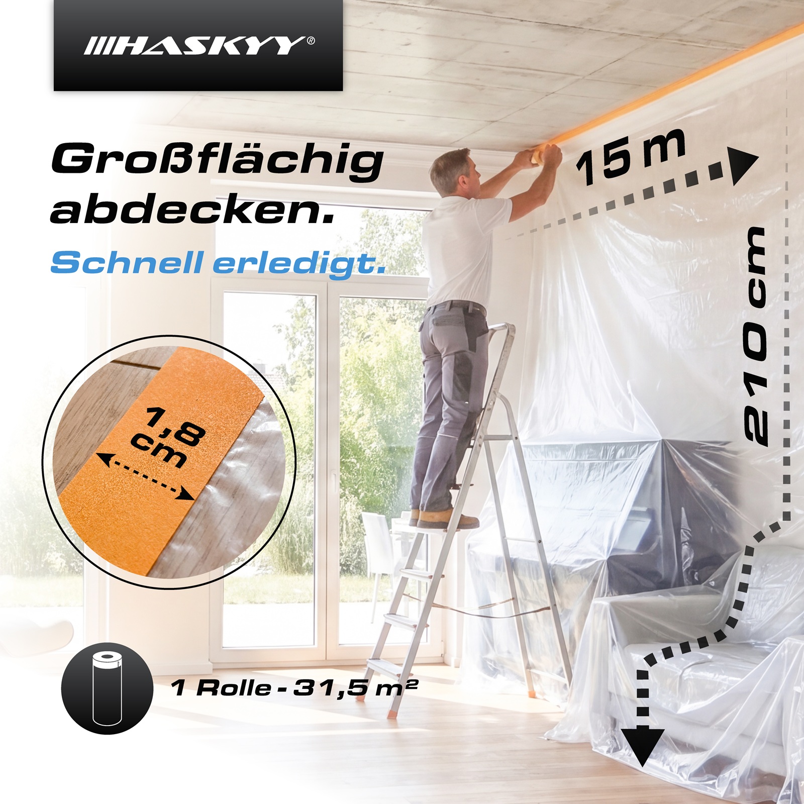 20x Abdeckfolie 210cm x 15m mit Klebeband 18mm