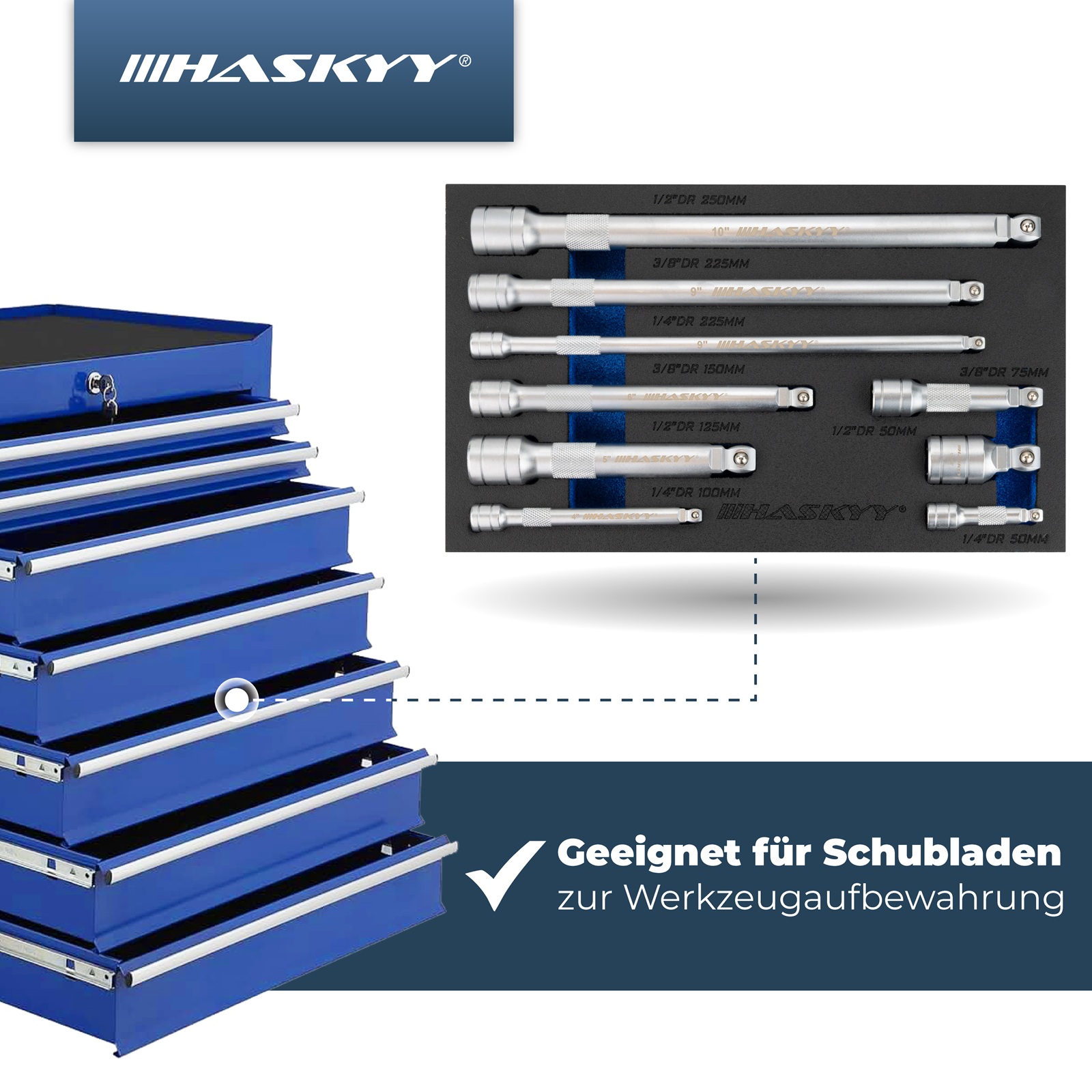 HASKYY Verlängerungs-Stecknuss-Set 9-tlg. 1/4" / 3/8" / 1/2" Antrieb – Längen 50-250 mm