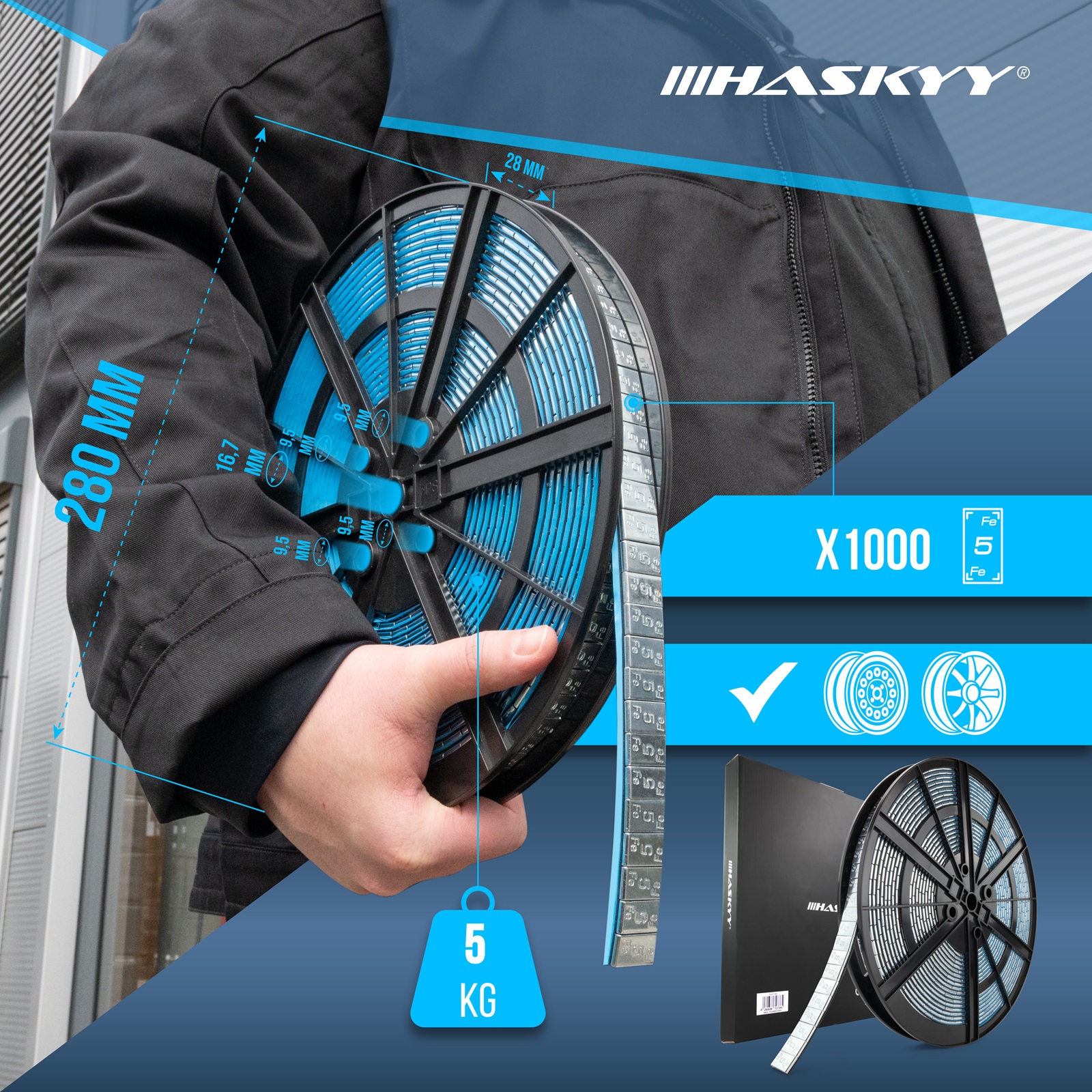 HASKYY 5kg Auswuchtgewichte Klebegewichte Rolle Verzinkt 1000x5g Abrisskante Wuchtgewichte