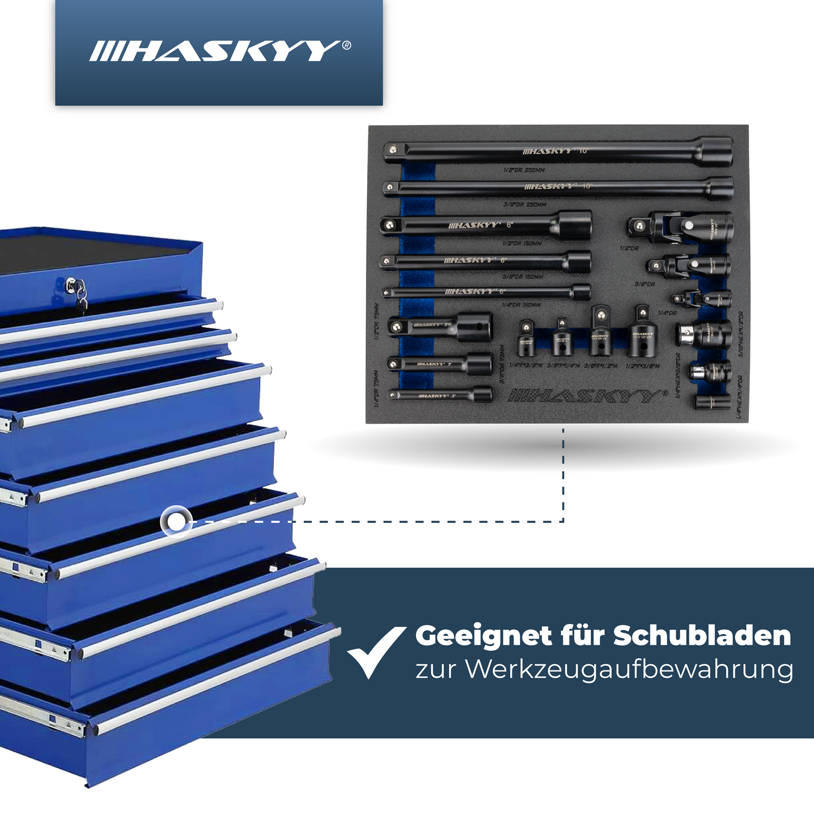 HASKYY Stecknuss-Verlängerungs- & Adapter-Set 18-tlg. 1/4″ 3/8″ 1/2″ Antrieb