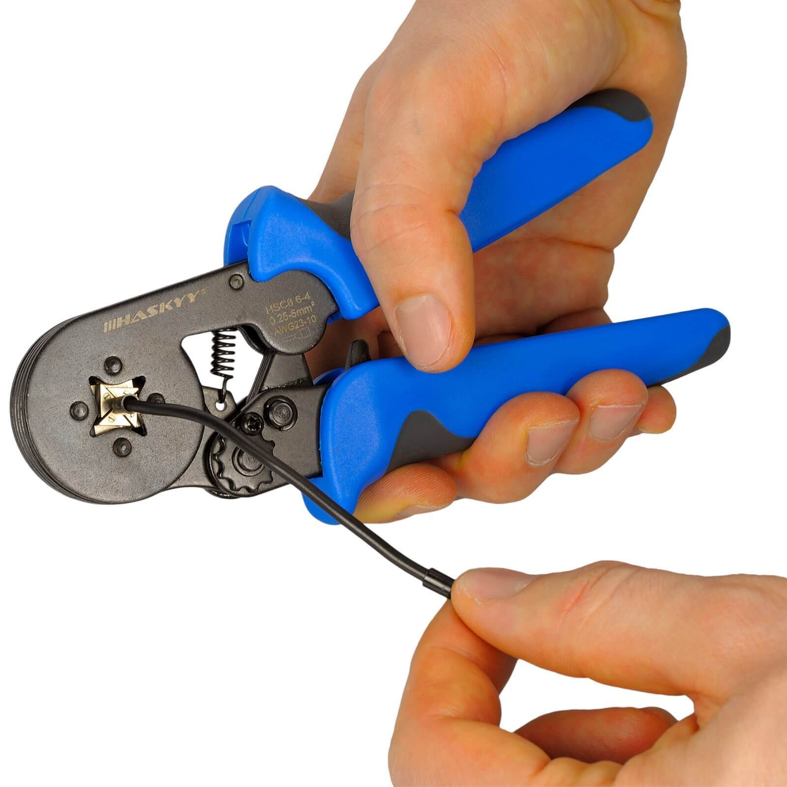 HASKYY Crimpzange Aderendhülsen 0,25-10 mm² (AWG 23-10) selbsteinstellend, Ratschen-/Hebelantrieb, quadratische Vercrimpung, 175×70 mm