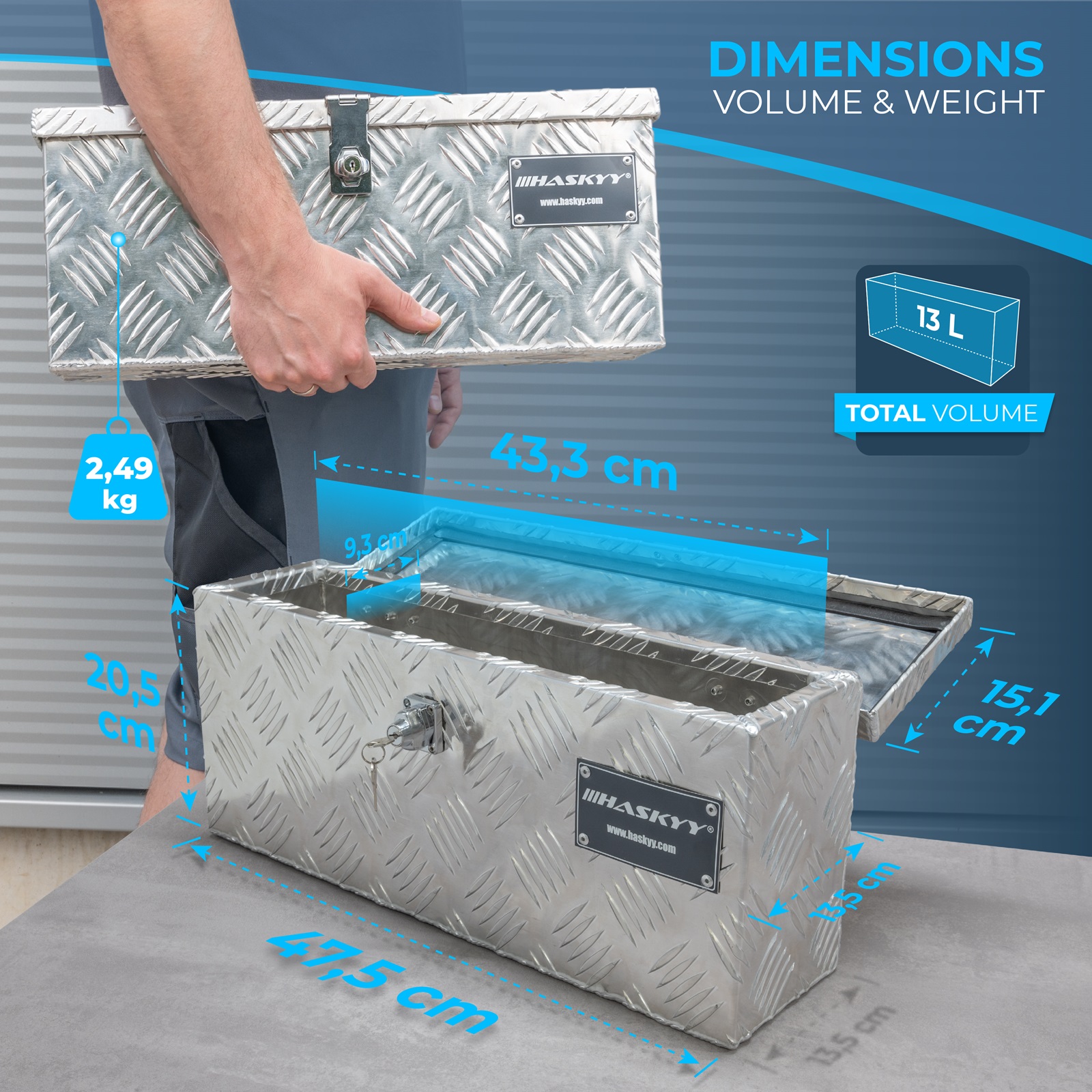 Aluminium Box Werkzeugkoffer Set inkl. 2x Spanngurte mit Ratsche 5m 400-800 daN & schwarze Handschuhe