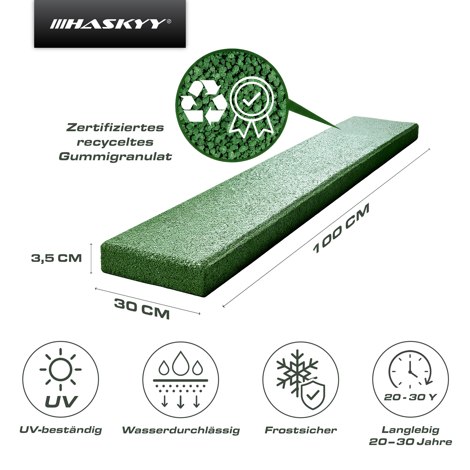 HASKYY Rasenkante Mähkante aus Gummi 100 x 30 x 3,5 cm für Mähroboter Rasenmäher