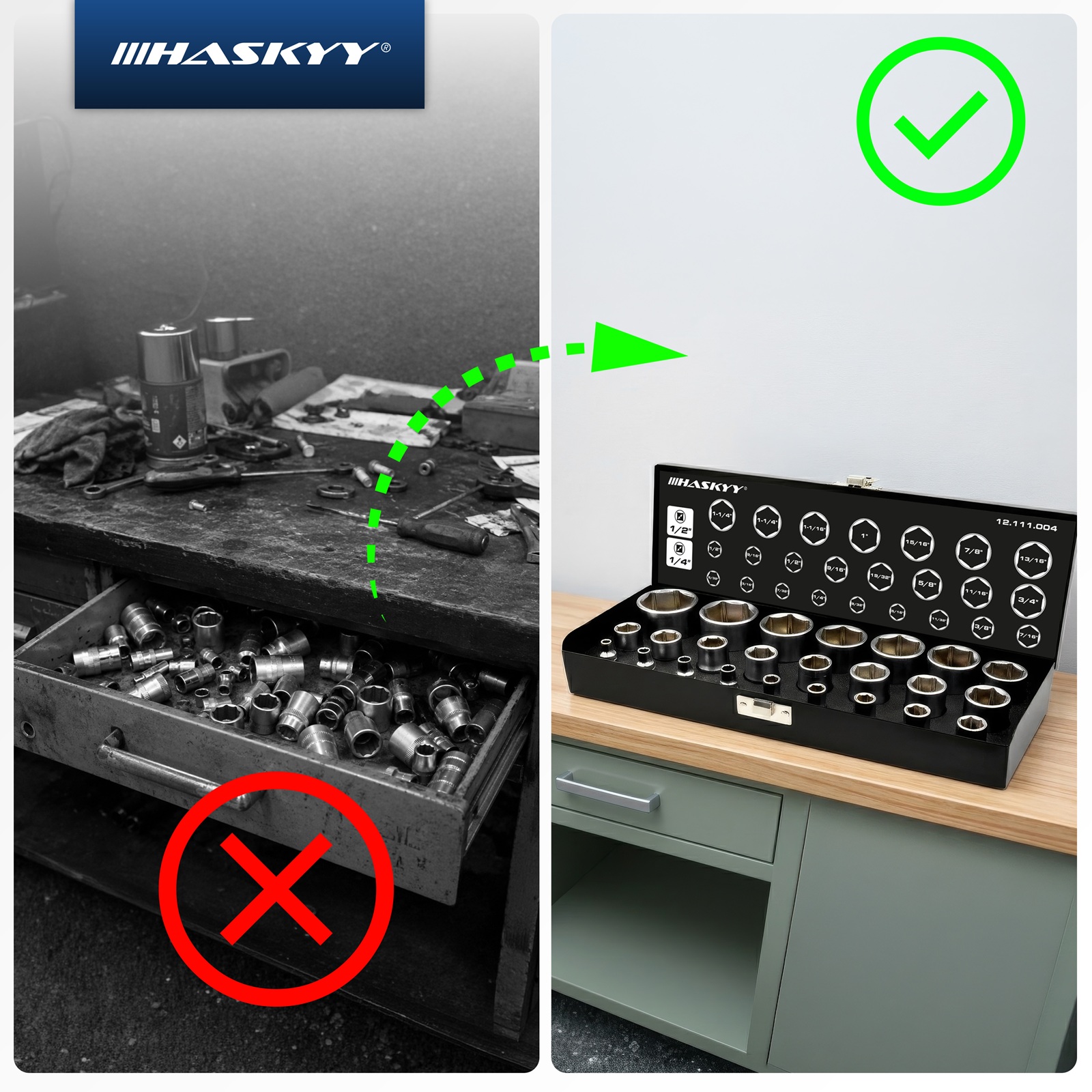 HASKYY 24-teiliges Stecknuss-Set Zoll (1/4″ & 1/2″ Antrieb) – 5/32″–1 1/4″