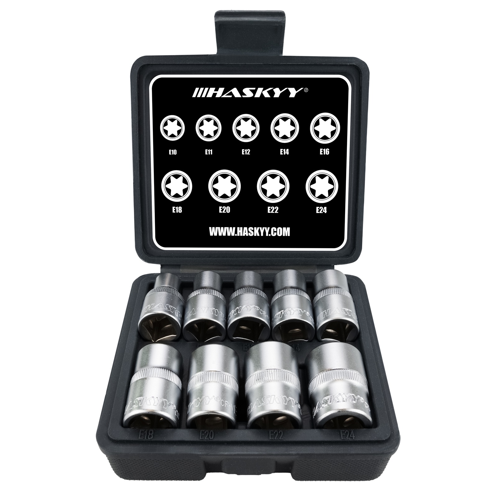 HASKYY Torx Steckschlüssel Satz E10-E24 Nüsse 1/2" 9-teilig Außen-Torx Steckschlüsseleinsätze