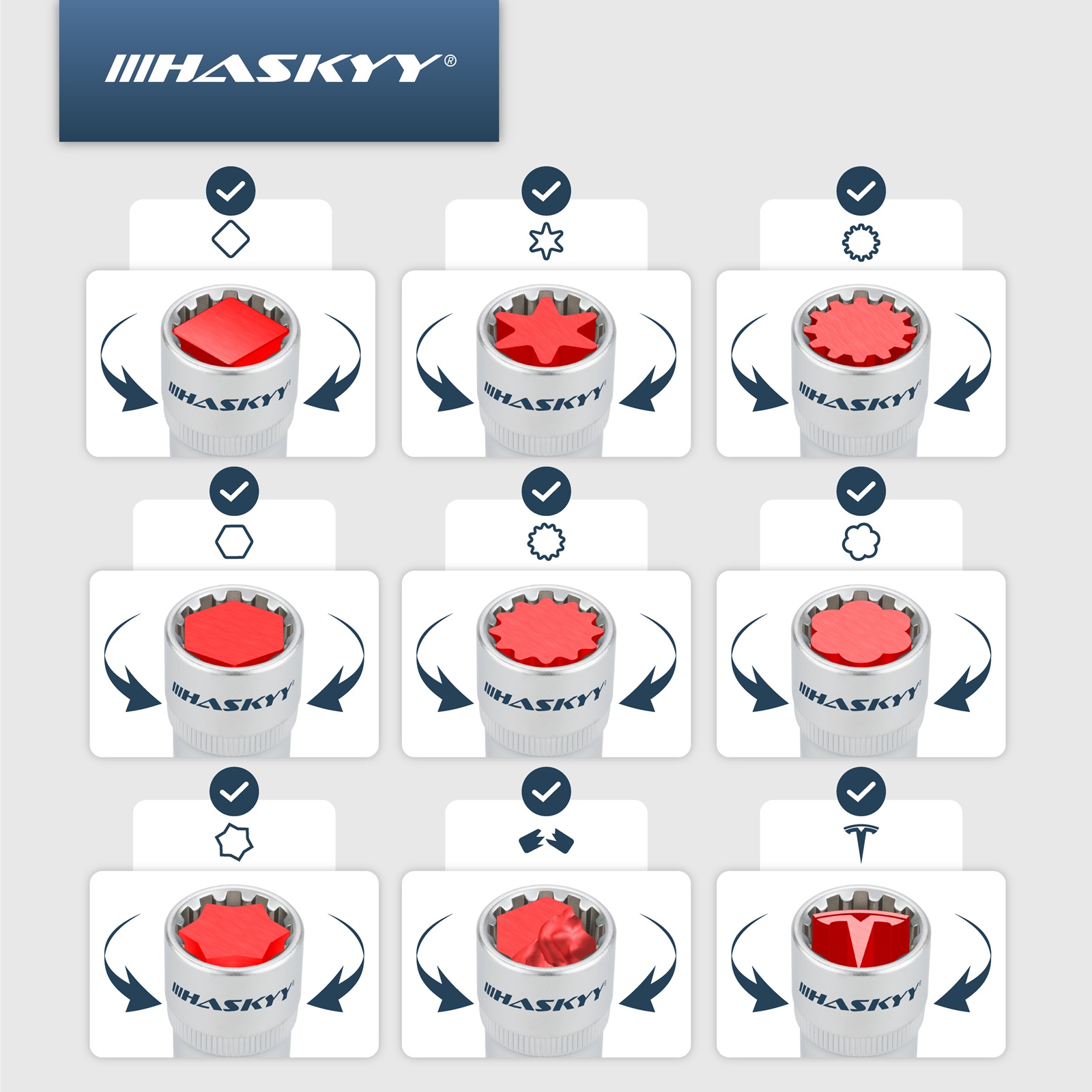 HASKYY Gearlock Vielzahn-Stecknuss-Set 21-tlg. XZN 1/2″ Antrieb 8-36 mm