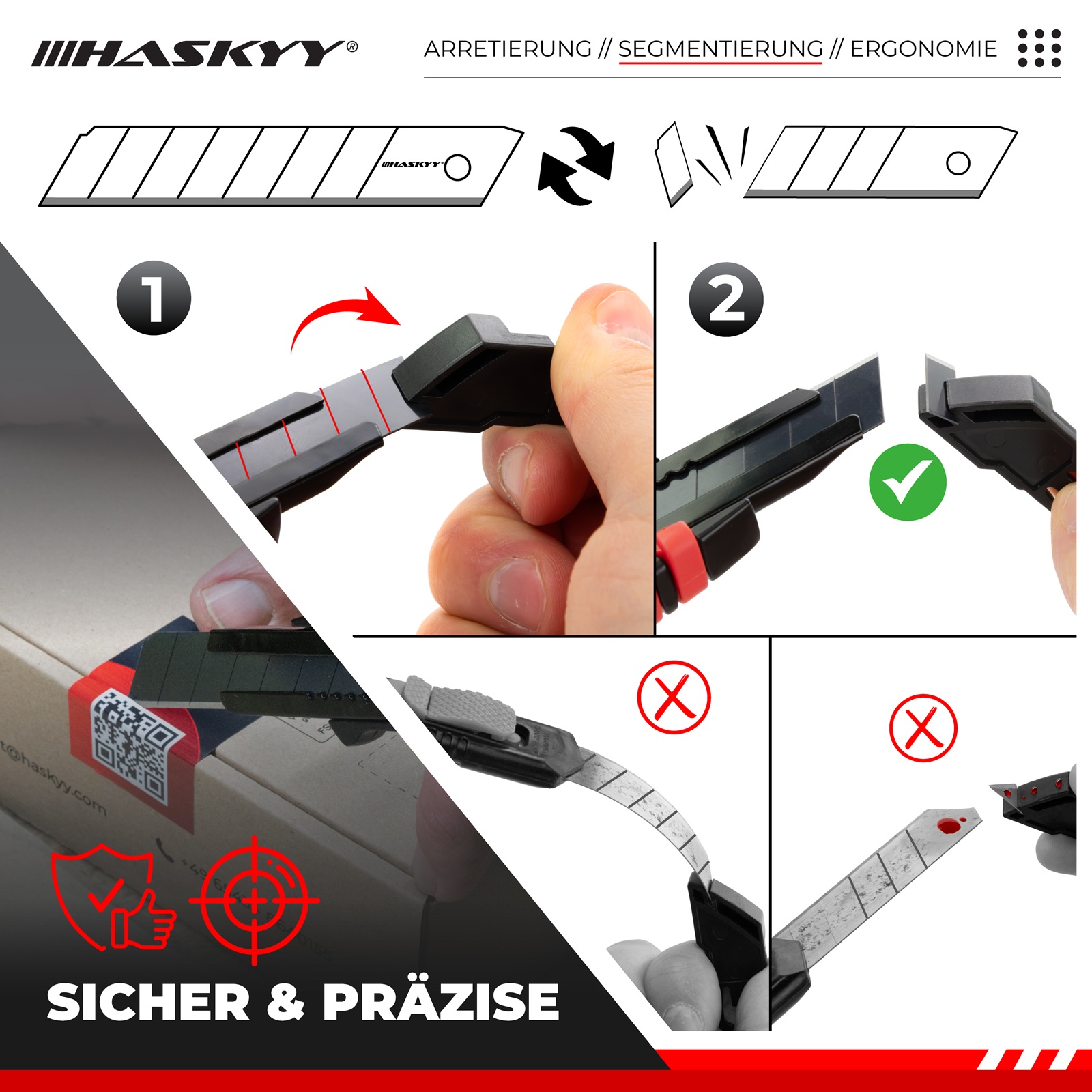 HASKYY Cuttermesser Set 5x – 18 mm Teppichmesser mit extra scharfer SK5 Klinge, Aluminiumkörper mit Gummierung, Lock-In & Klingenbrecher