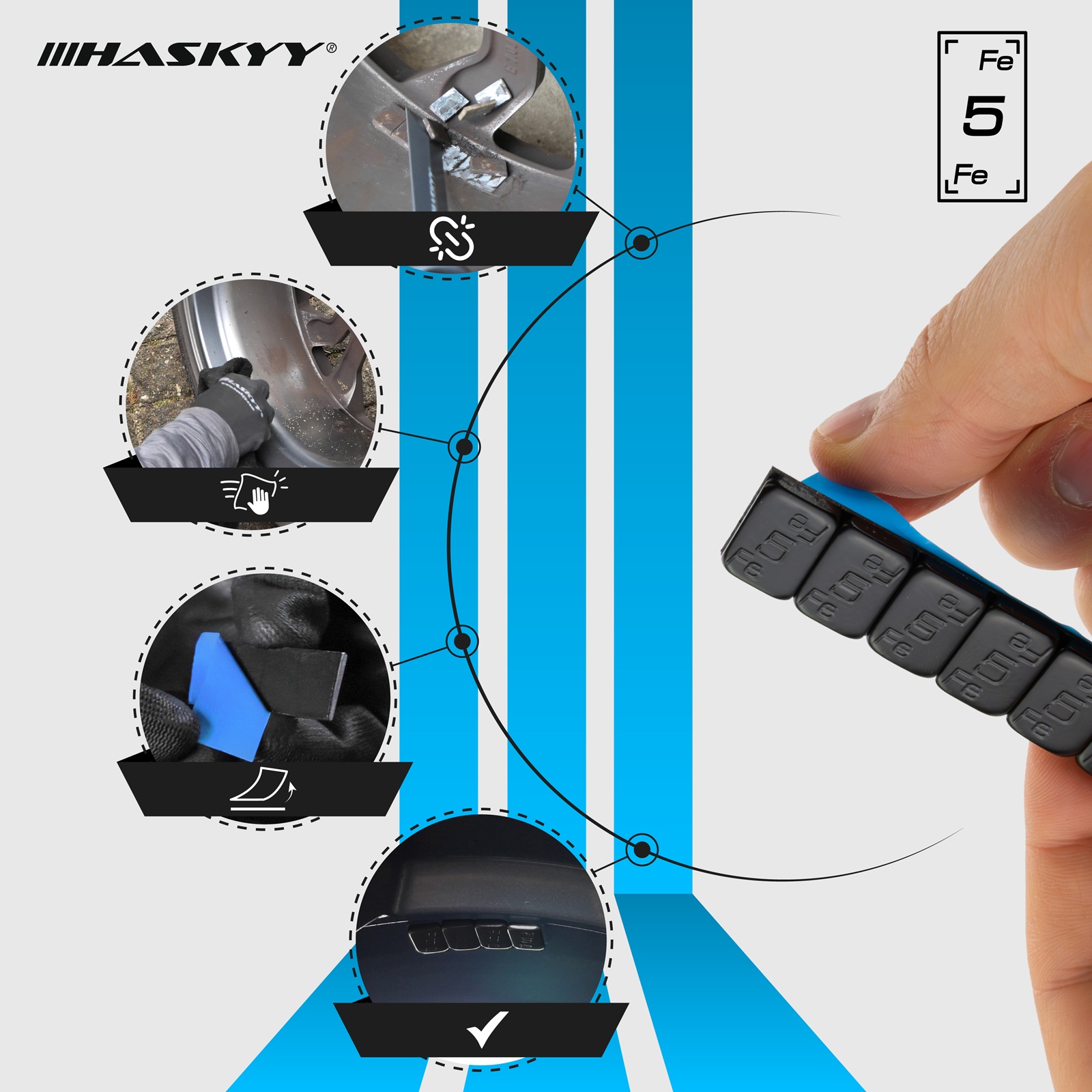 HASKYY FE Klebegewichte Schwarz 5 g – 25 Riegel à 12 Segmente, 1,5 kg – Kunststoffbeschichtet für Alu- & Stahlfelgen