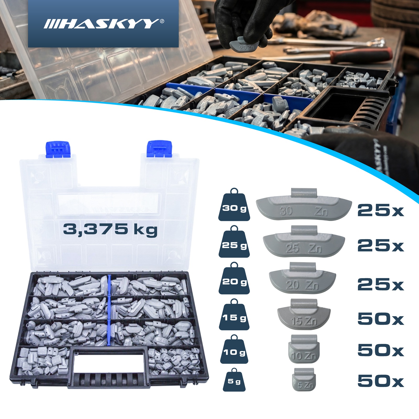 HASKYY Schlaggewichte Stahlfelgen 5-30g Wuchtgewichte Auswuchtgewichte 225tlg. Set Organizer