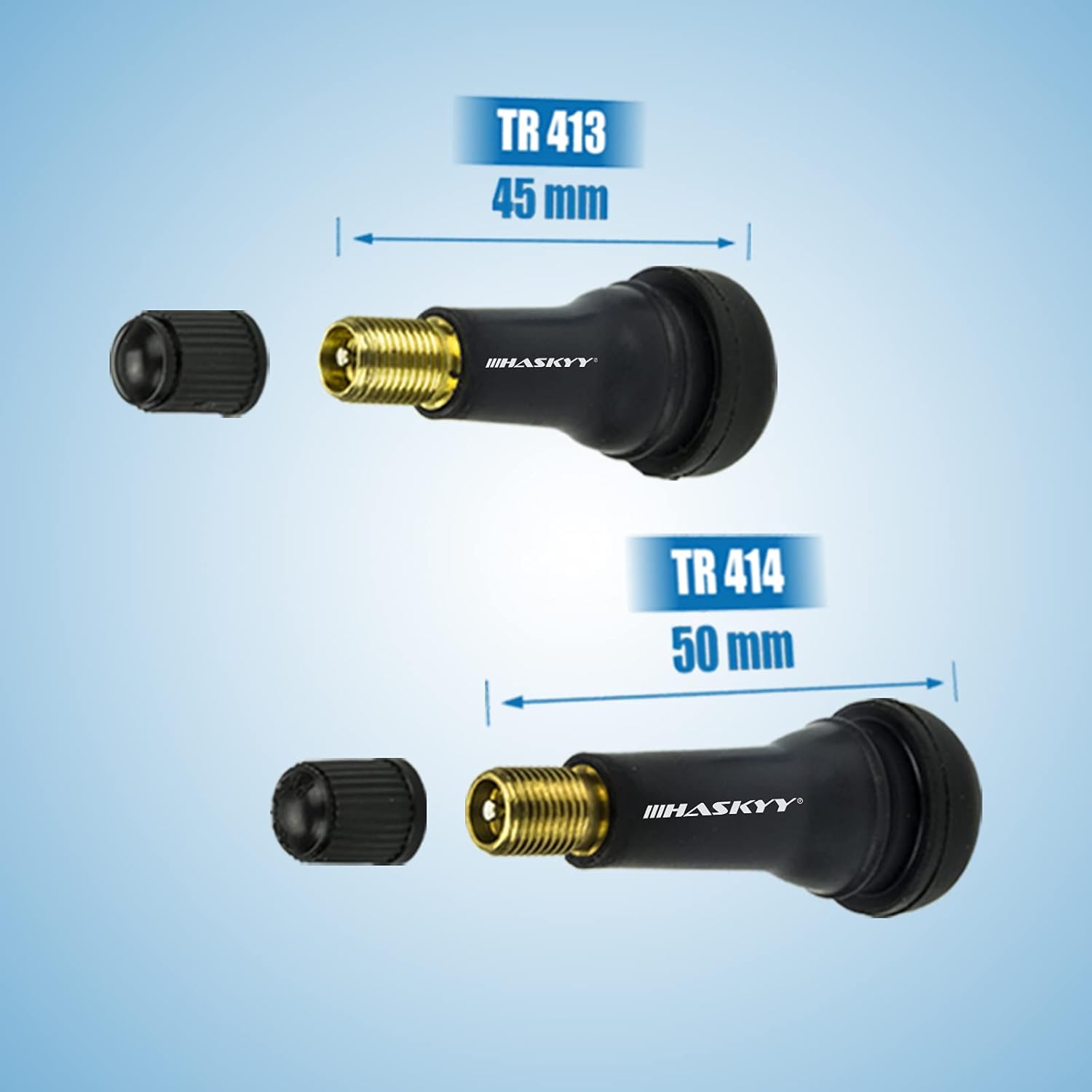 HASKYY Gummiventile Set TR413 & TR414 – je 100 Stück Snap-In PKW Ventile, EPDM, 11,3 mm Ventilloch, inkl. Ventilkappen