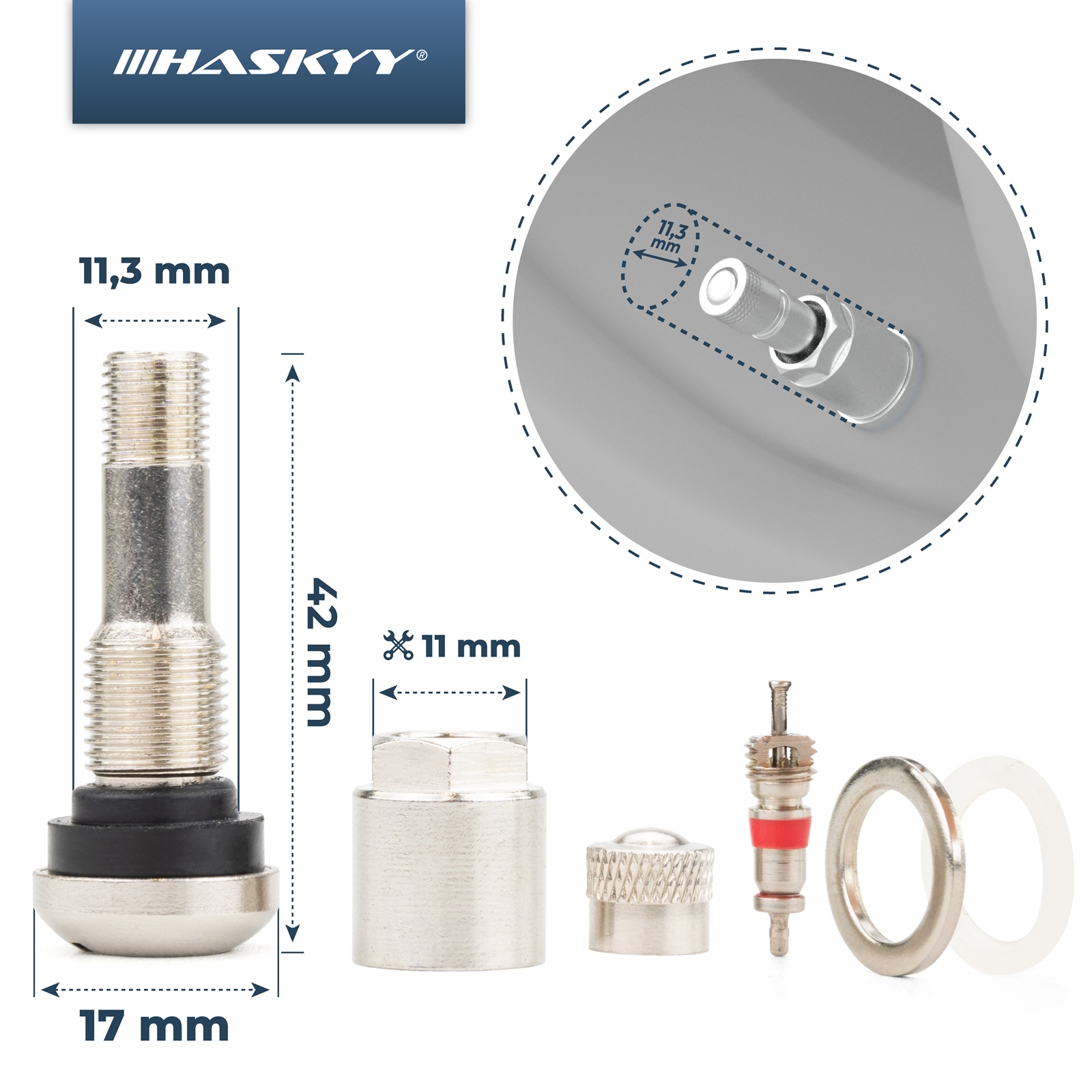 HASKYY Stahlventile Silber 4er Set – Universal Felgenventile 11,3 mm, 45 mm Länge, glänzend vernickelt
