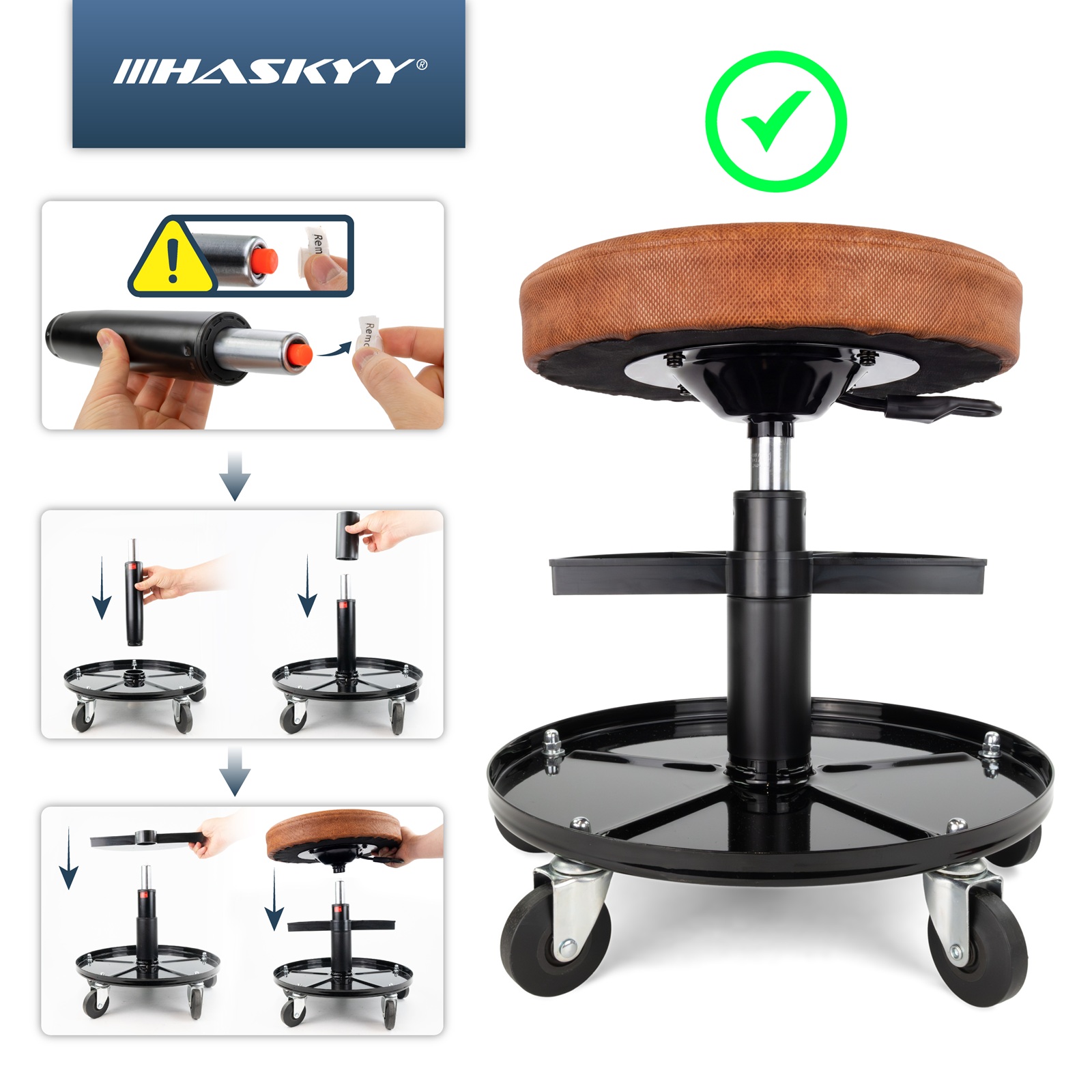 HASKYY Werkstatthocker Rollhocker | Höhe 430-580mm | 135kg | ø40 cm |  Kunstleder Braun