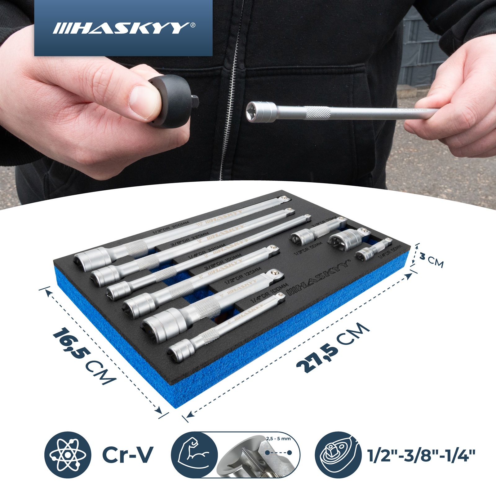 HASKYY Verlängerungs-Stecknuss-Set 9-tlg. 1/4" / 3/8" / 1/2" Antrieb – Längen 50-250 mm