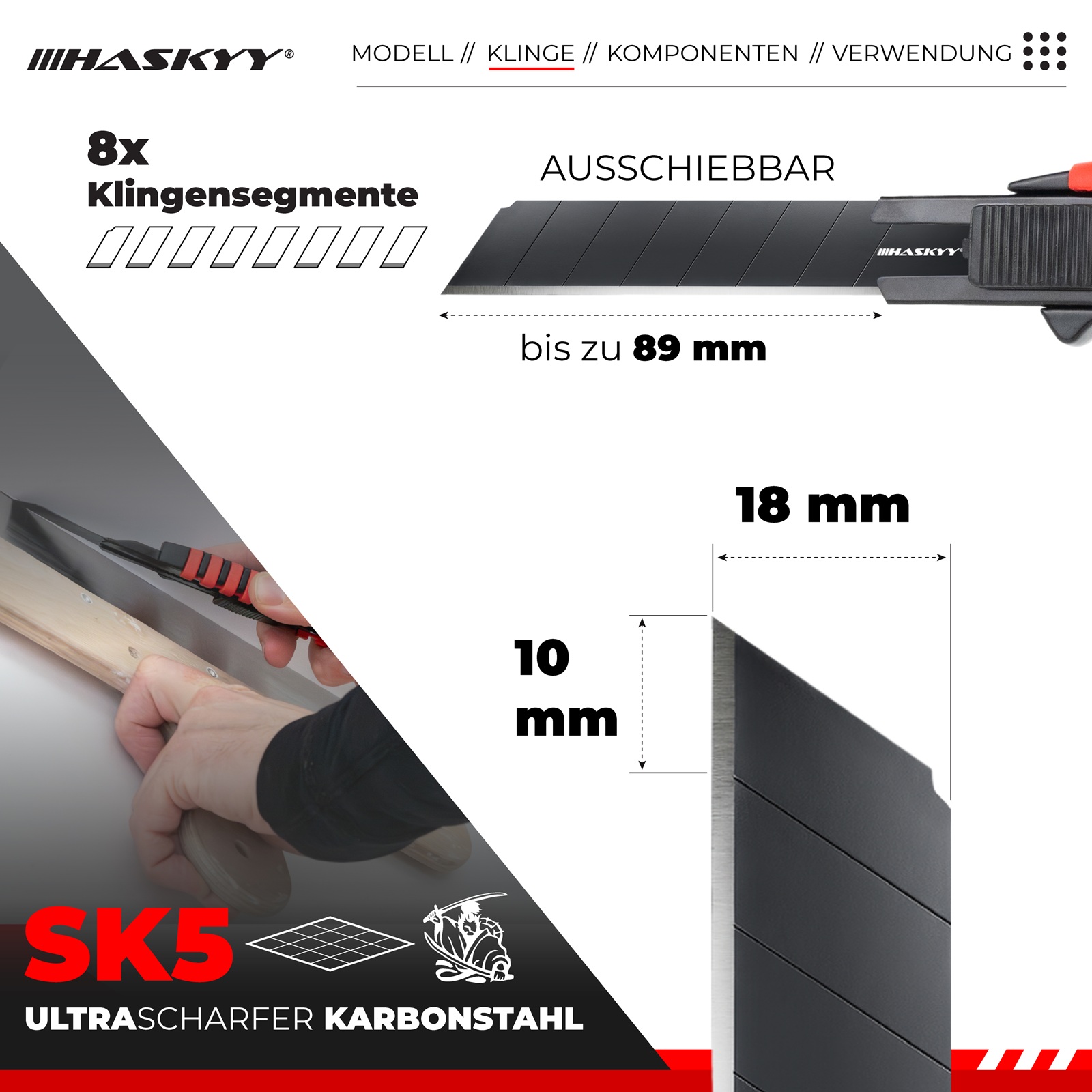 HASKYY Cuttermesser Set 5x – 18 mm Teppichmesser mit extra scharfer SK5 Klinge, Aluminiumkörper mit Gummierung, Lock-In & Klingenbrecher