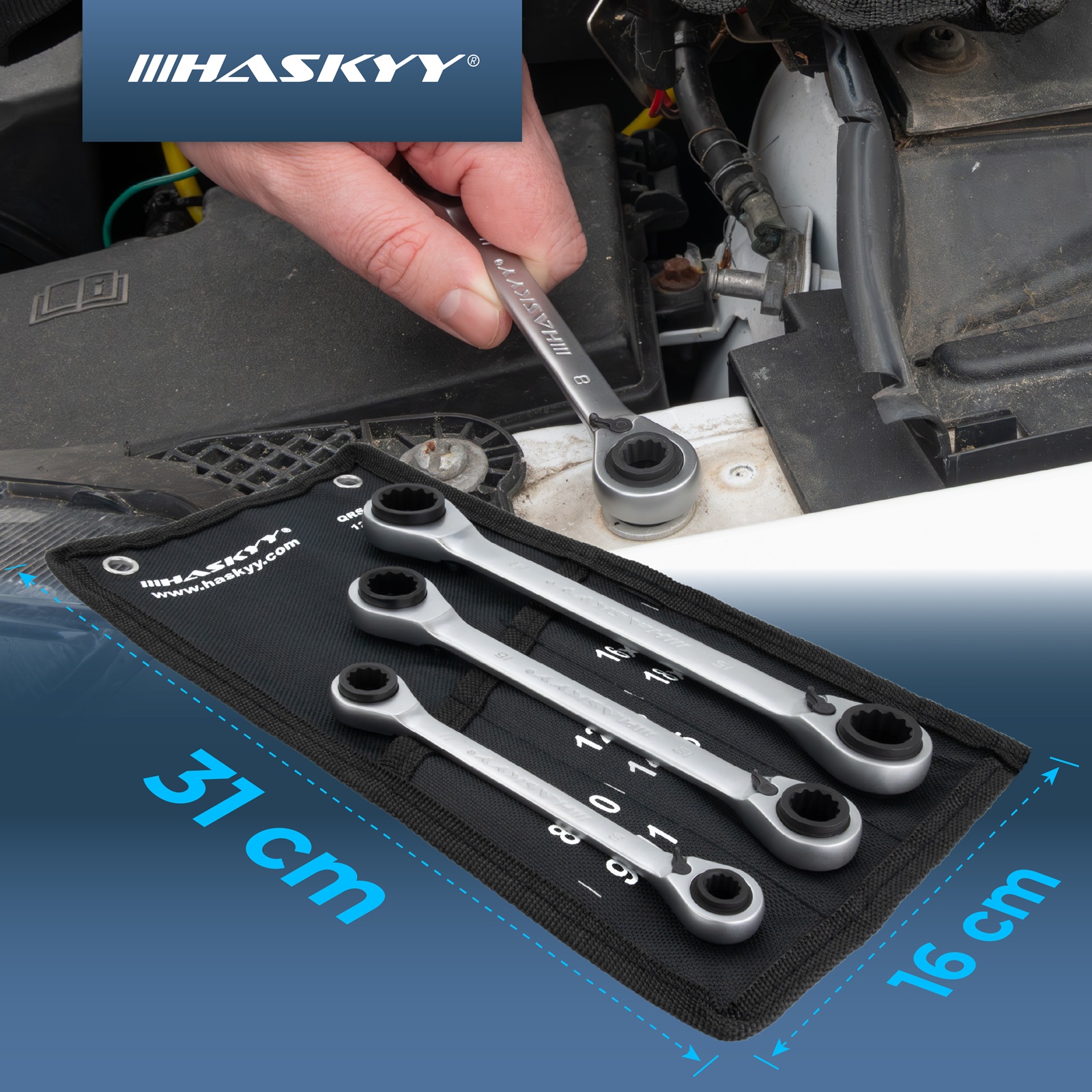 HASKYY Kombi Doppel-Ringratschenschlüssel Set 4in1 3-tlg 8-19mm