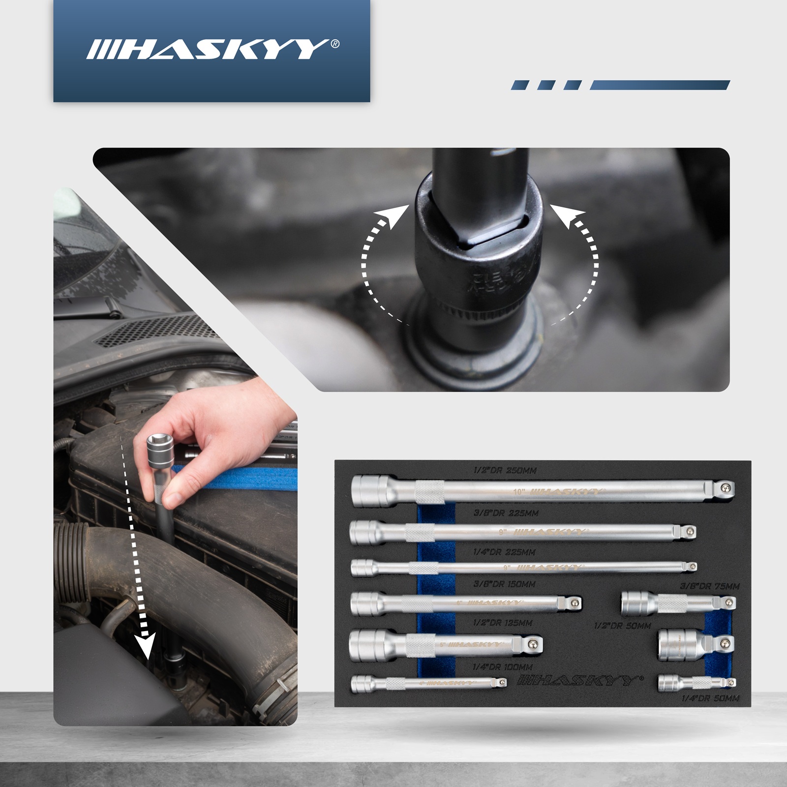 HASKYY Verlängerungs-Stecknuss-Set 9-tlg. 1/4" / 3/8" / 1/2" Antrieb – Längen 50-250 mm