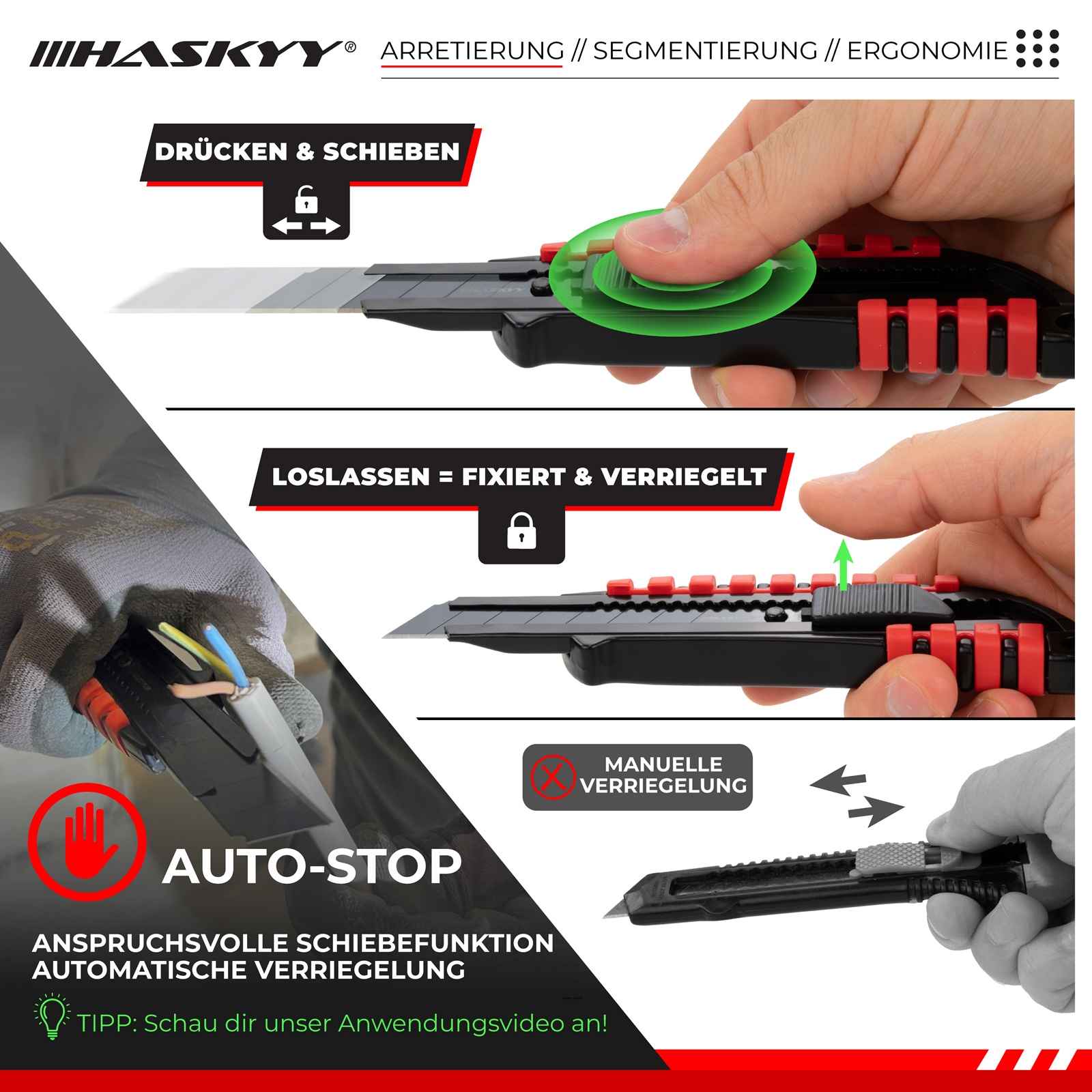 HASKYY Cuttermesser Set 5x – 18 mm Teppichmesser mit extra scharfer SK5 Klinge, Aluminiumkörper mit Gummierung, Lock-In & Klingenbrecher