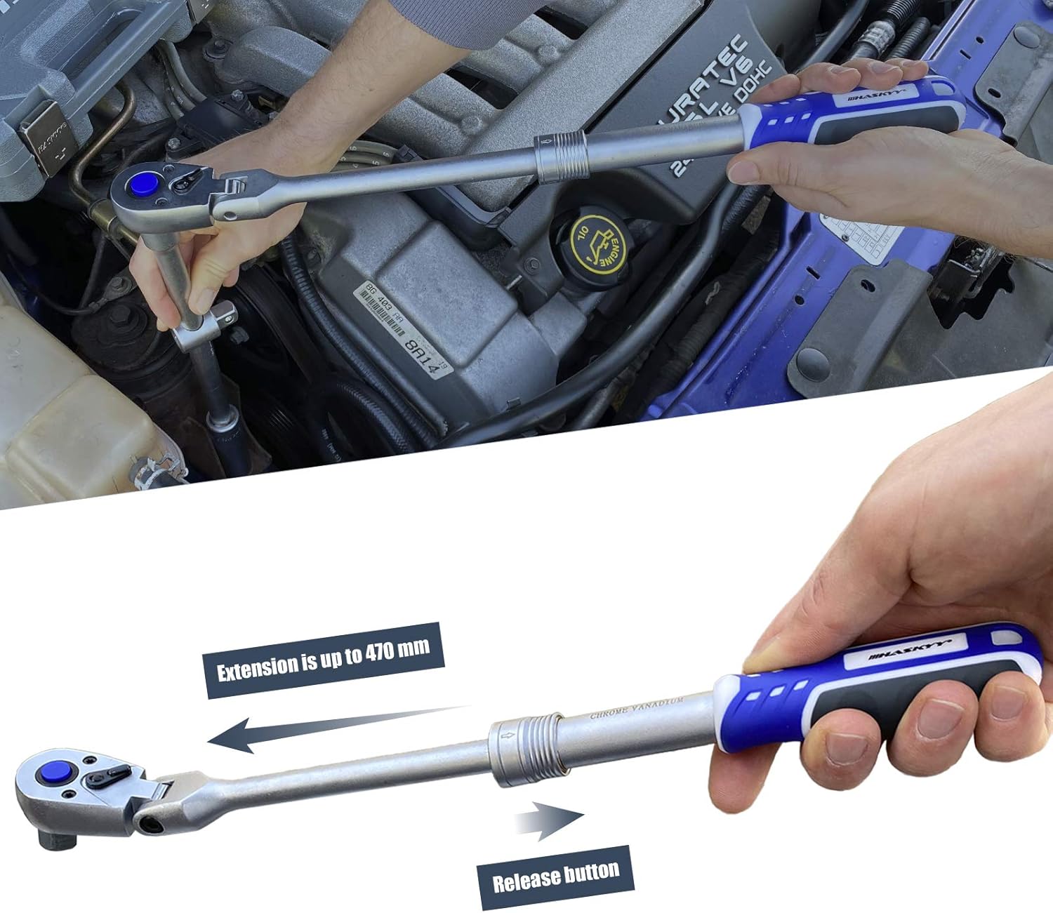 HASKYY Gelenk-Teleskop-Ratsche-Knarre-Set 1/2" + 3/8" + 1/4"  Umschaltknarre ausziehbar | feinverzahnt | Teleskop | Knarre | Ratsche