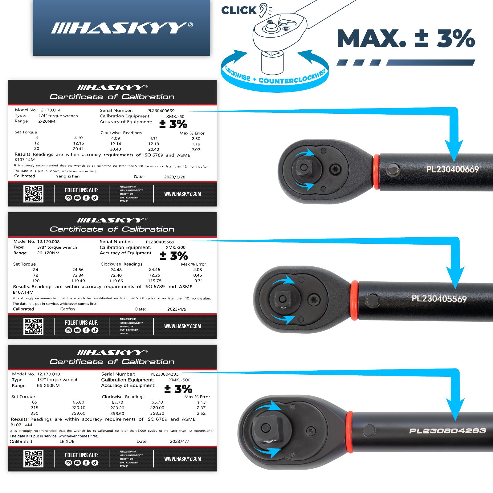 HASKYY 3TLG Drehmomentschlüssel Set 1/4" 3/8" 1/2" 5-25Nm 20-120Nm 65-350Nm Fahrrad Motorrad KFZ