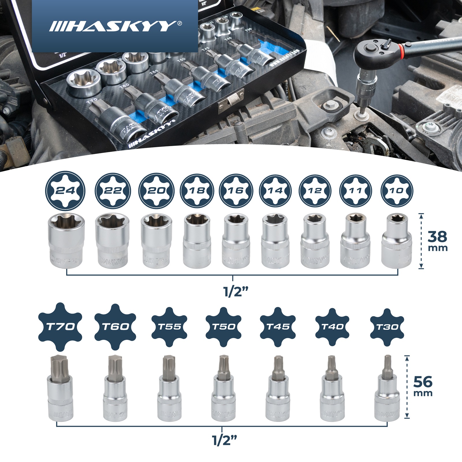 Torx-Steckschlüssel-Bit-Einsatz-Set 1/2" - E10-E24 - T30-T70