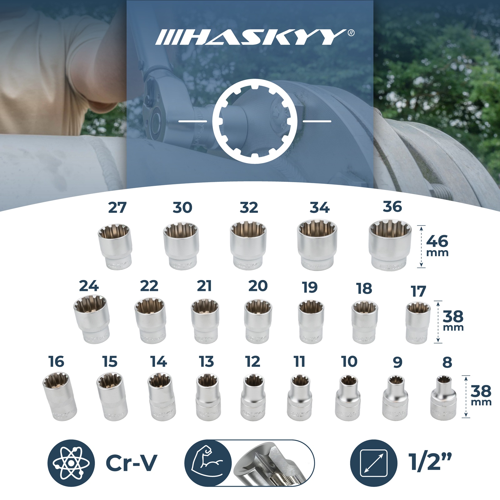 HASKYY Steckschlüssel Satz Vielzahn 1/2" 8-36mm & Gelenk Ratschenschlüssel 8-19mm Set 33tlg.