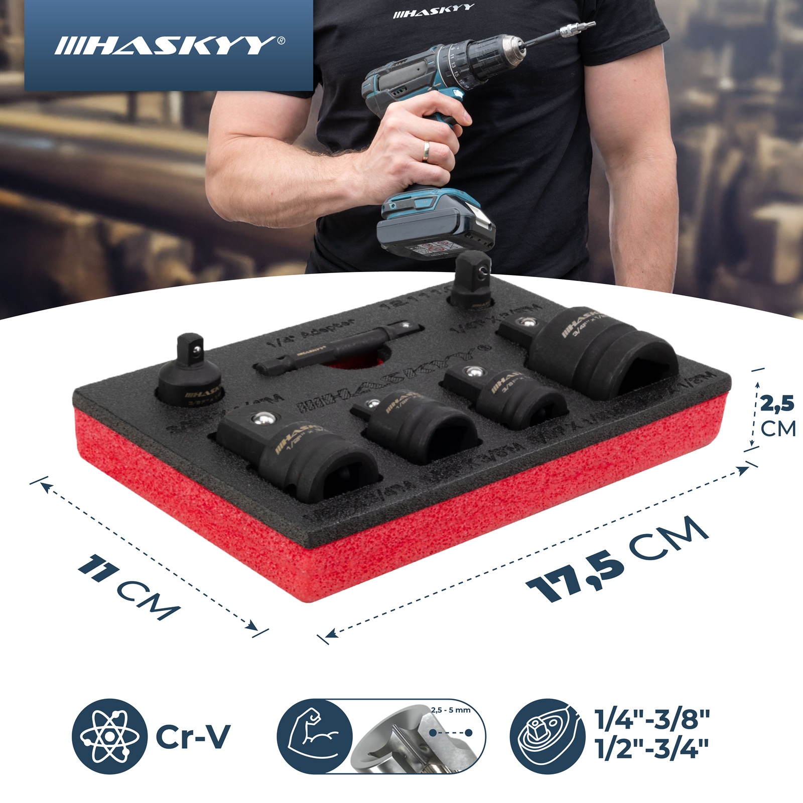 HASKYY Stecknuss Adapter 1/4" 3/8" 1/2" 3/4" Vergrößerungs- & Reduzieradapter Set aus Cr-Mo