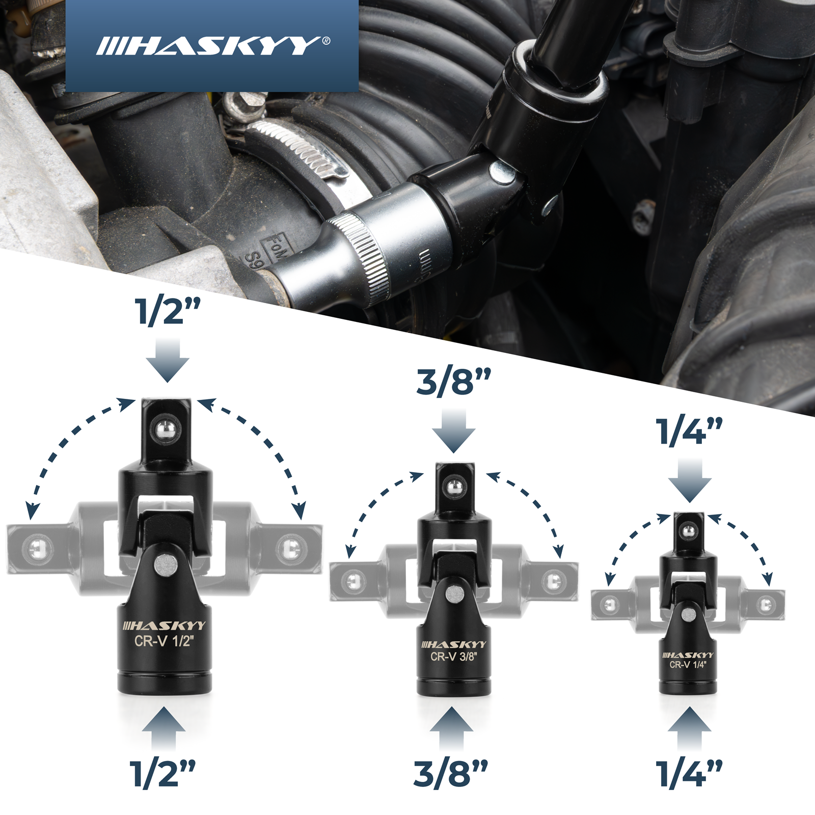 HASKYY Stecknuss-Verlängerungs- & Adapter-Set 18-tlg. 1/4″ 3/8″ 1/2″ Antrieb