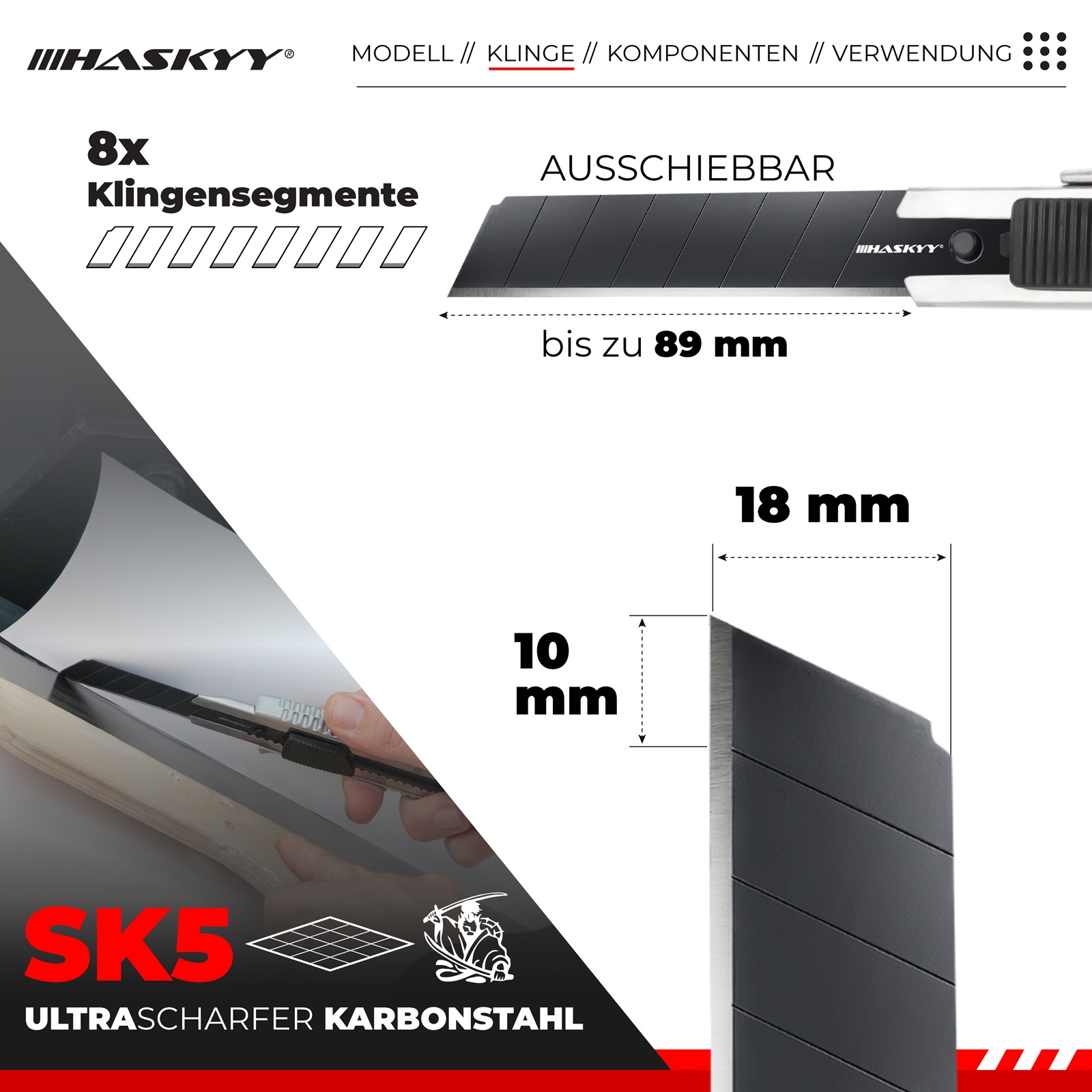 HASKYY Cuttermesser Teppichmesser 4 Stück Set mit 20x Klingen SK5 18mm