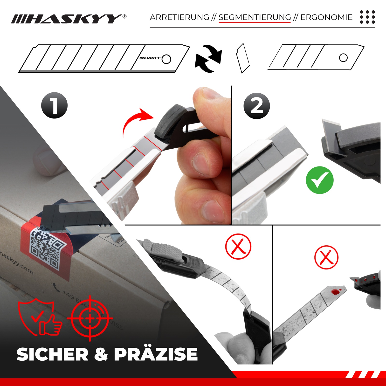 HASKYY Cuttermesser Teppichmesser 4 Stück Set mit 20x Klingen SK5 18mm