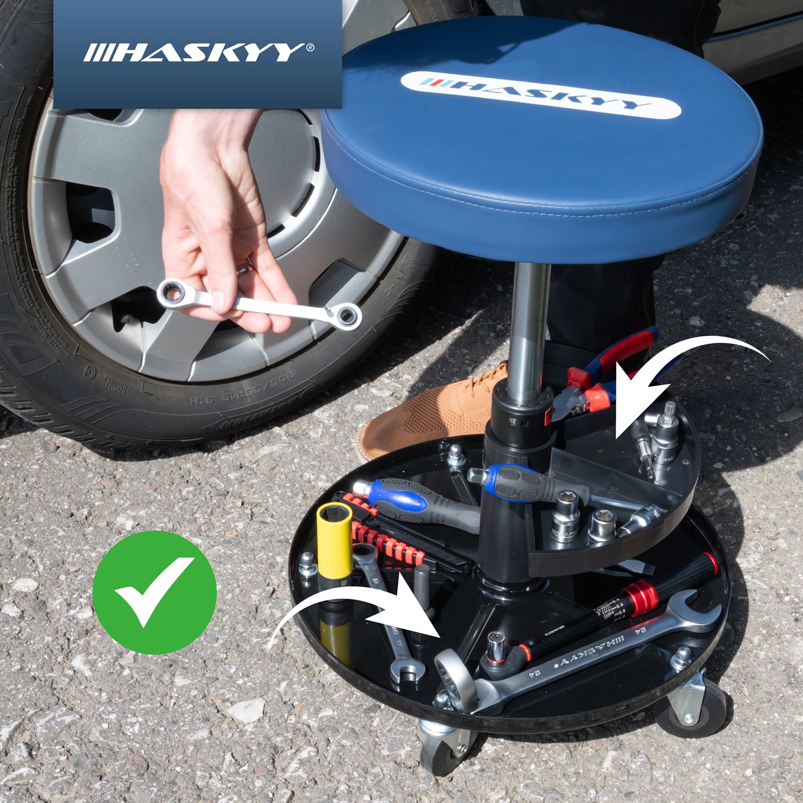 HASKYY Werkstatthocker Blau – 410–540 mm höhenverstellbar, Rollhocker mit 5 Rollen & 2 Ablagen, gepolsterter Sitz Ø 32 cm