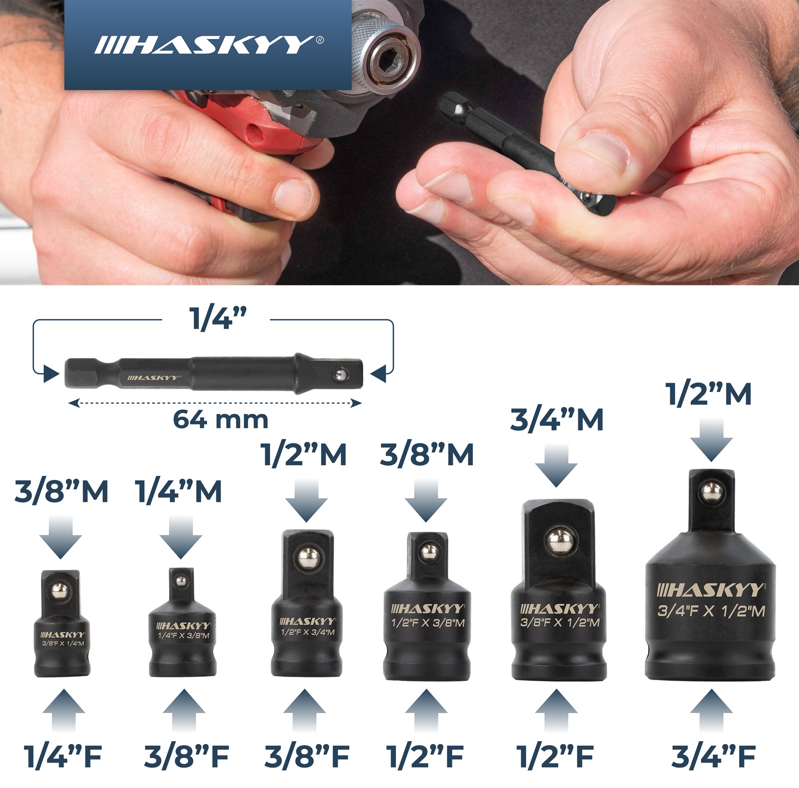 HASKYY Stecknuss Adapter 1/4" 3/8" 1/2" 3/4" Vergrößerungs- & Reduzieradapter Set aus Cr-Mo