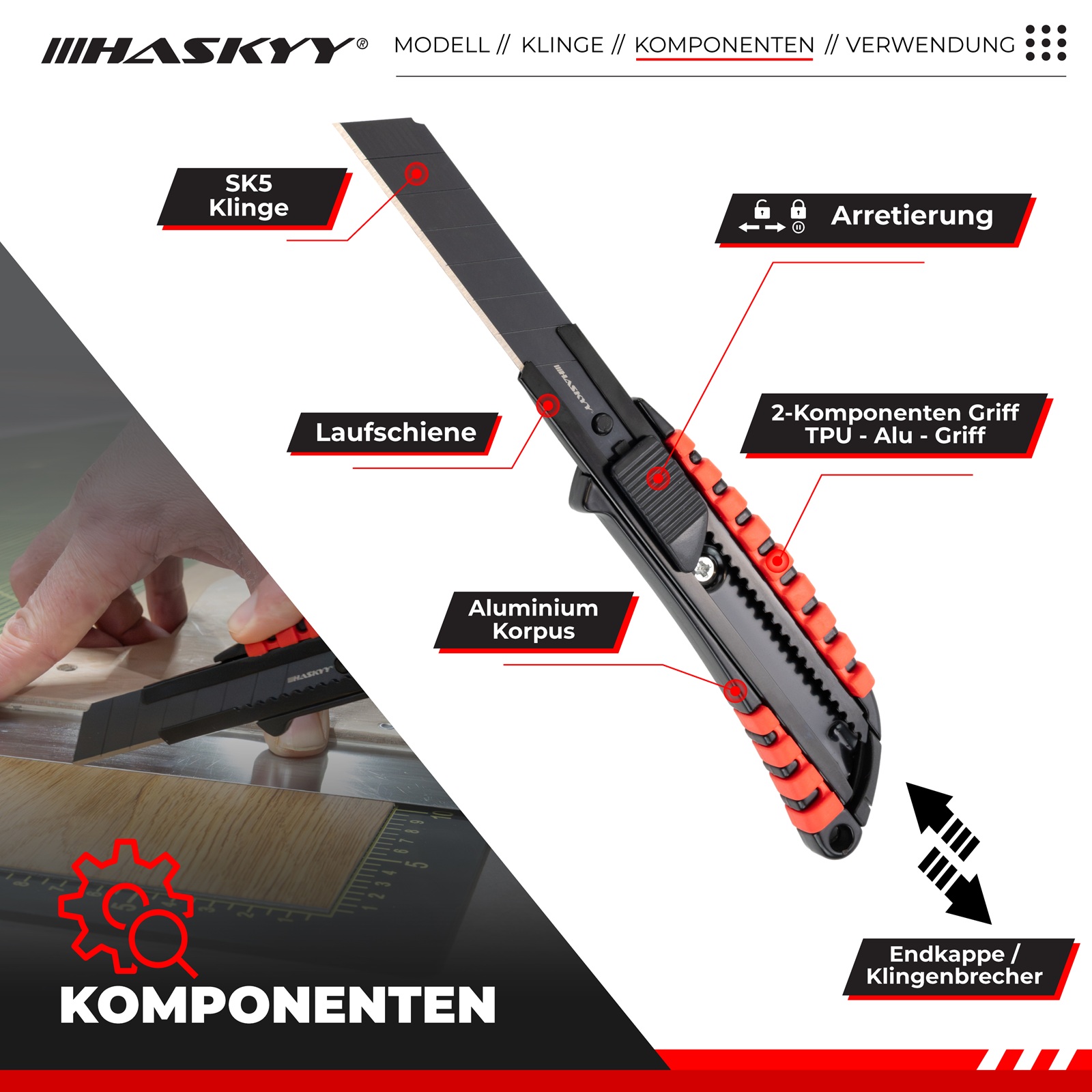 HASKYY Cuttermesser Set 3x – Teppichmesser Universal 18 mm mit extra scharfer SK5 Abbrechklinge, rot