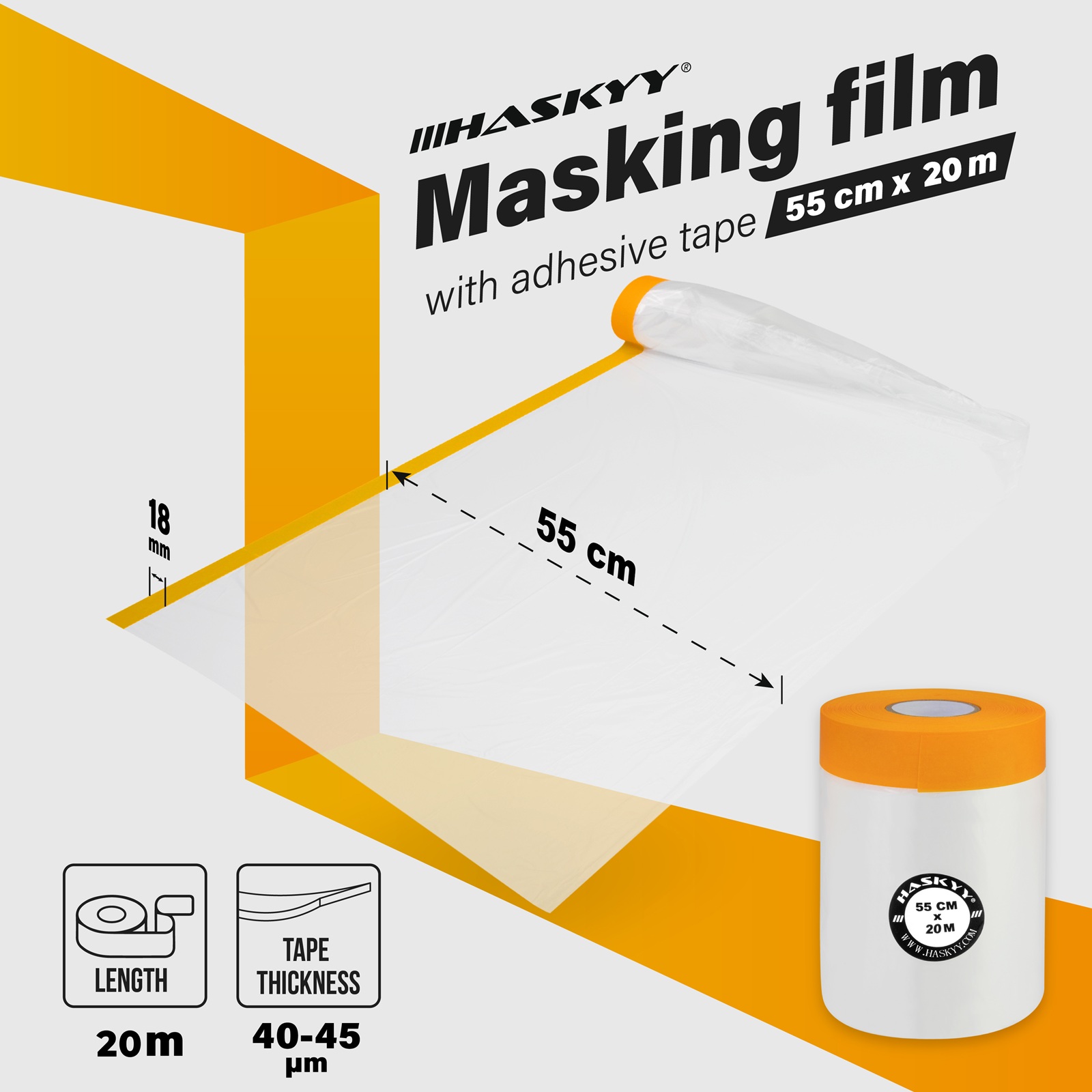 HASKYY 8x Maler-Abdeckfolien 55cm x 20m mit Goldband 18mm Professionelles Abkleben