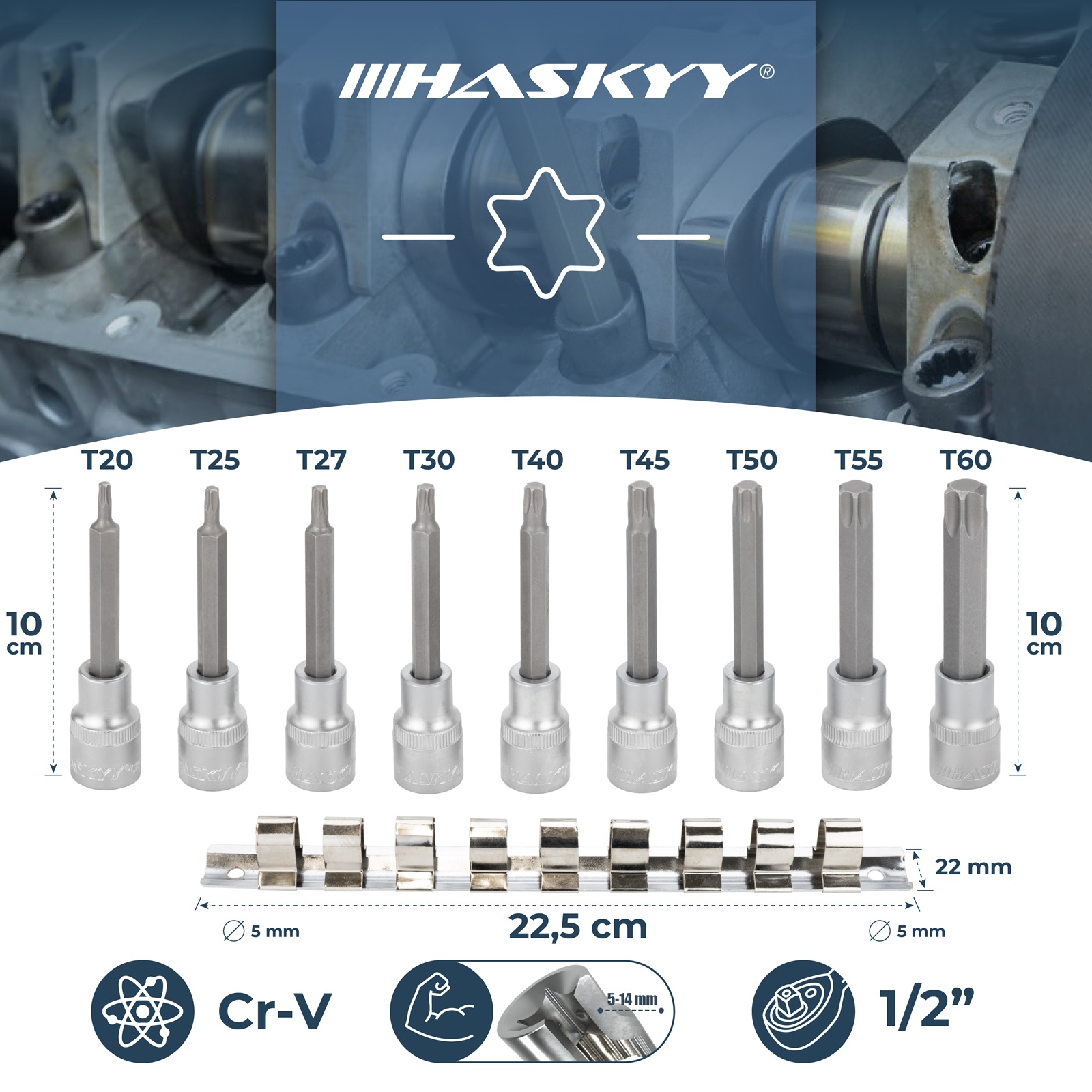 HASKYY Torx Bits Satz 1/2" Innenvierkant T20 - T60 Lang Bits 10 cm Stecknuss Set 9 tlg.