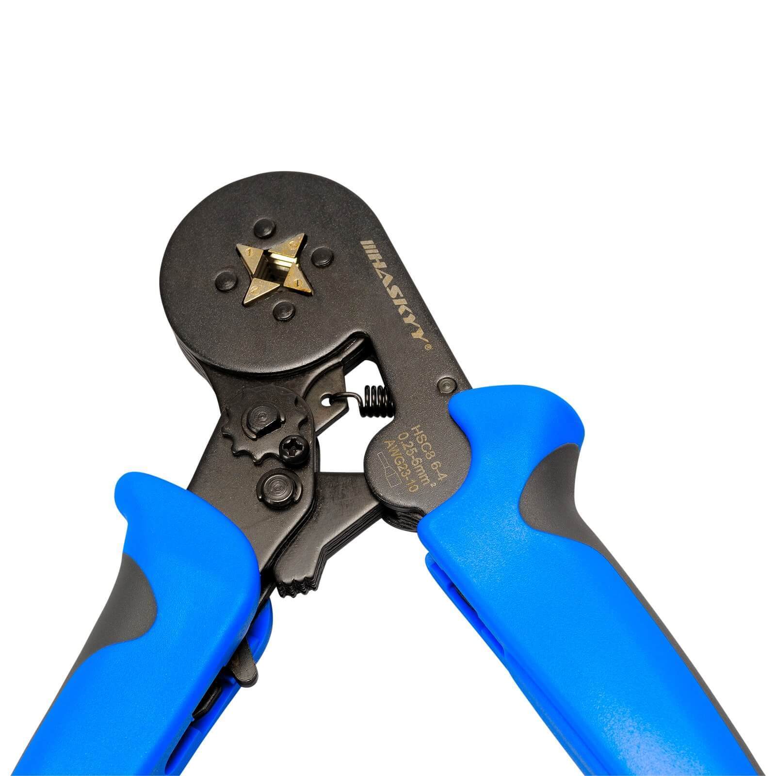 HASKYY Crimpzange Aderendhülsen 0,25-10 mm² (AWG 23-10) selbsteinstellend, Ratschen-/Hebelantrieb, quadratische Vercrimpung, 175×70 mm