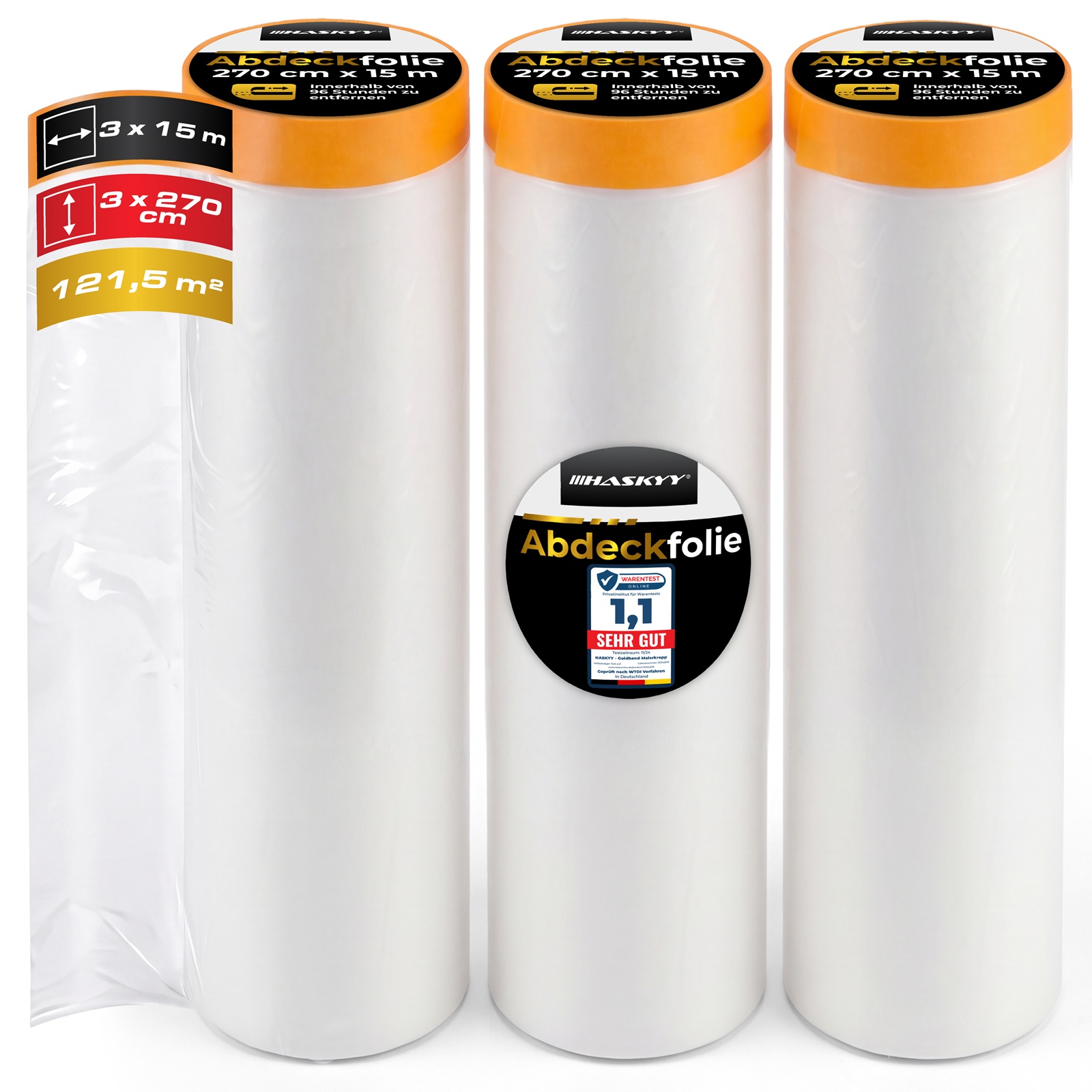 3x Abdeckfolie 270cm x 15m mit Klebeband 18mm