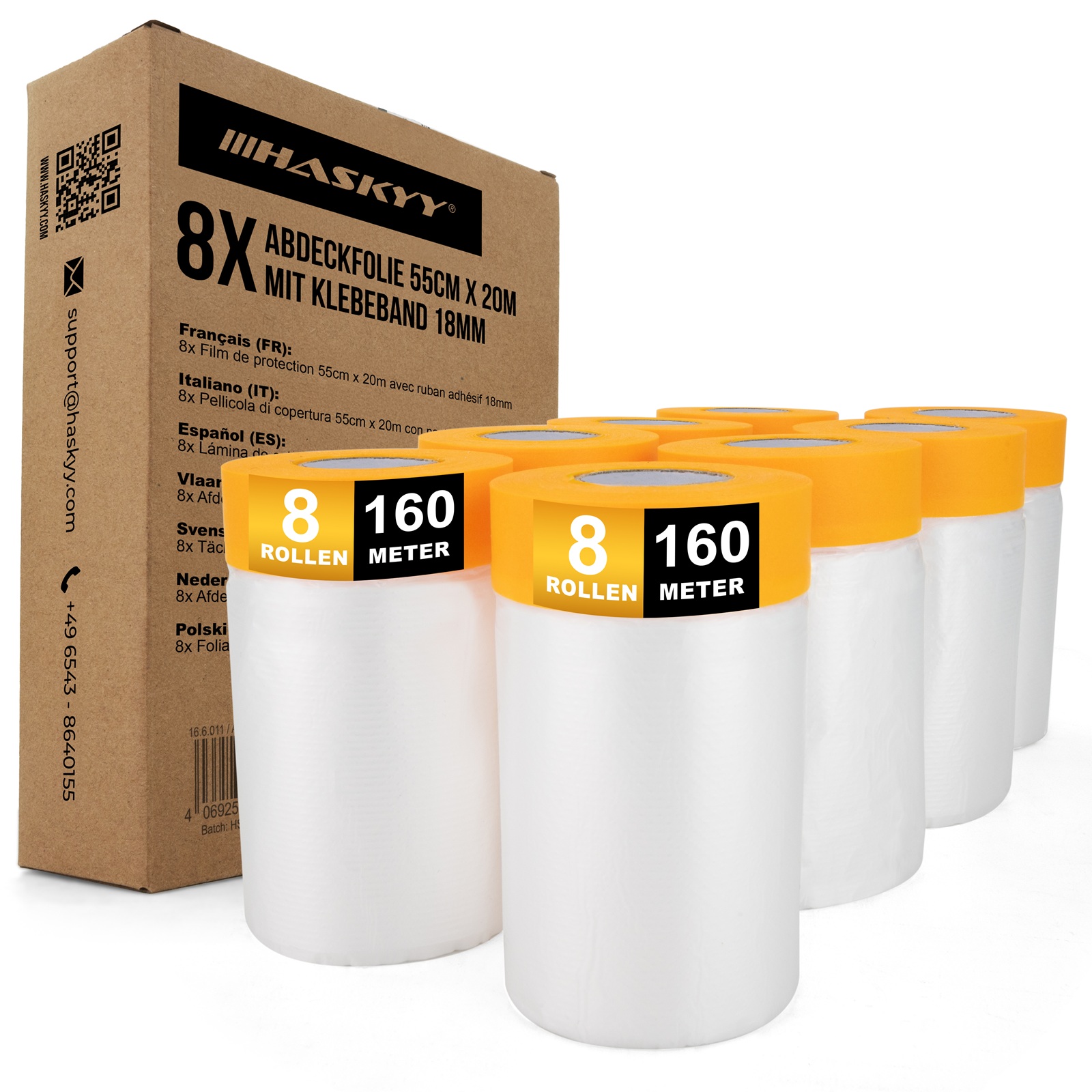 HASKYY 8x Maler-Abdeckfolien 55cm x 20m mit Goldband 18mm Professionelles Abkleben