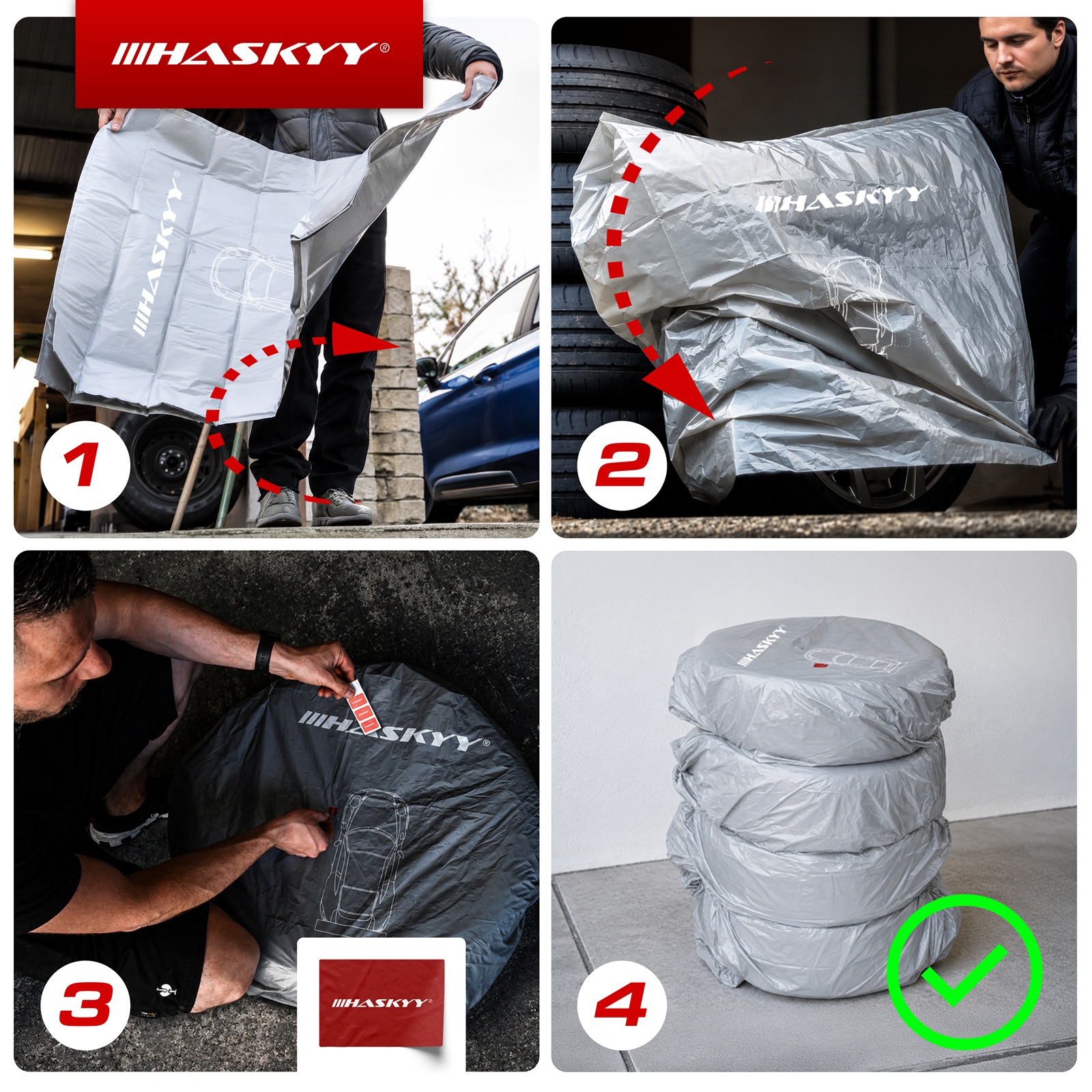 HASKYY 4x Reifentasche Reifenhülle XXL Reifensack bis 22" 110x110 cm Grau