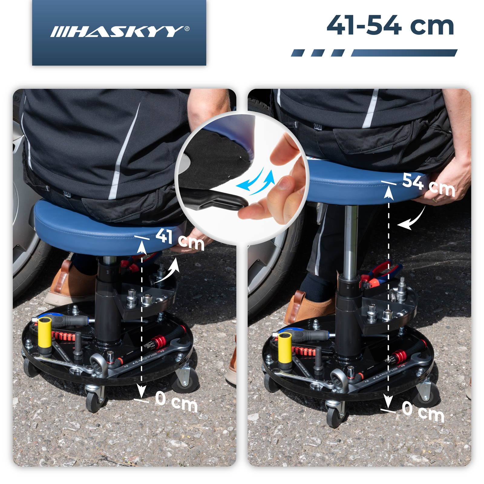 HASKYY Werkstatthocker Blau – 410–540 mm höhenverstellbar, Rollhocker mit 5 Rollen & 2 Ablagen, gepolsterter Sitz Ø 32 cm