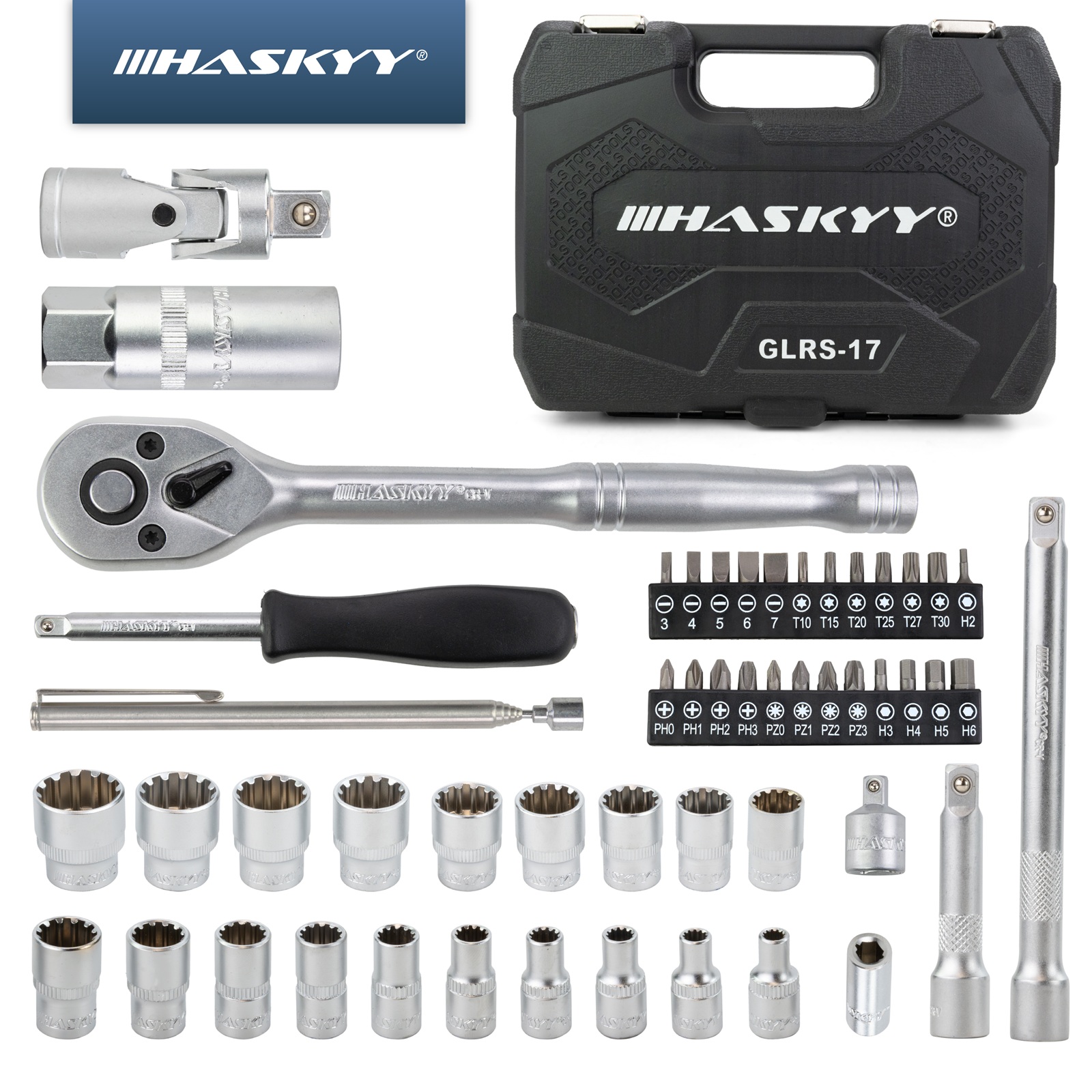 HASKYY 52 tlg. Werkzeugkoffer - Vielzahn Steckschlüssel & Bits Set mit Ratschenfunktion Zöllisch & Metrisch