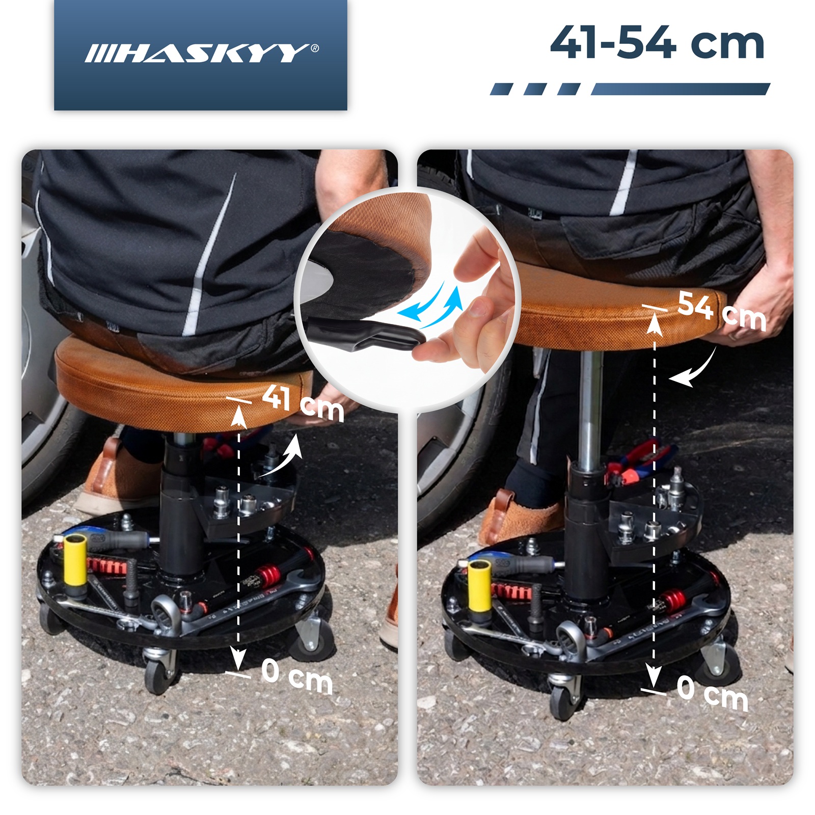 HASKYY Werkstatthocker Rollhocker | Höhe 430-580mm | 135kg | ø40 cm |  Kunstleder Braun
