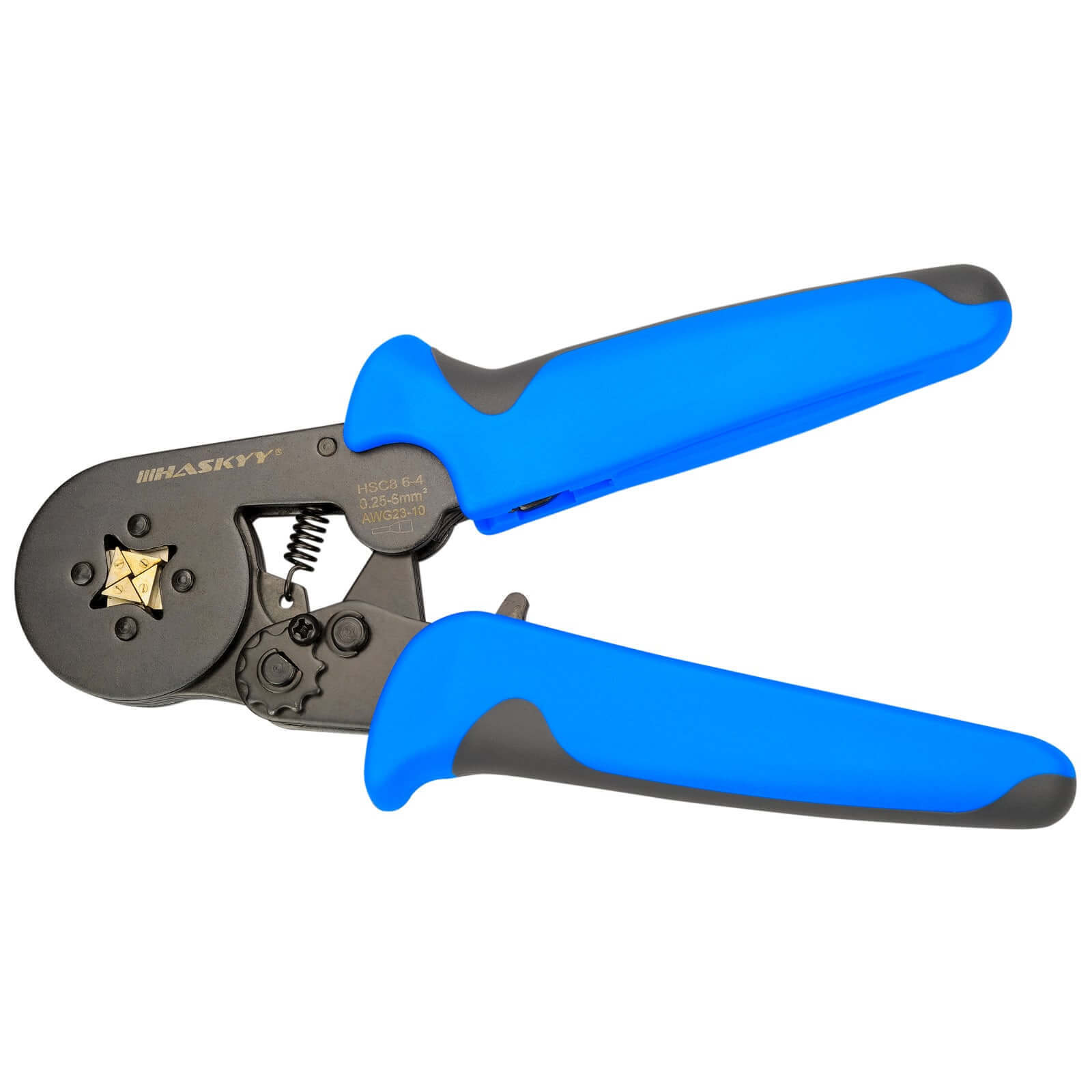 HASKYY Crimpzange Aderendhülsen 0,25-10 mm² (AWG 23-10) selbsteinstellend, Ratschen-/Hebelantrieb, quadratische Vercrimpung, 175×70 mm