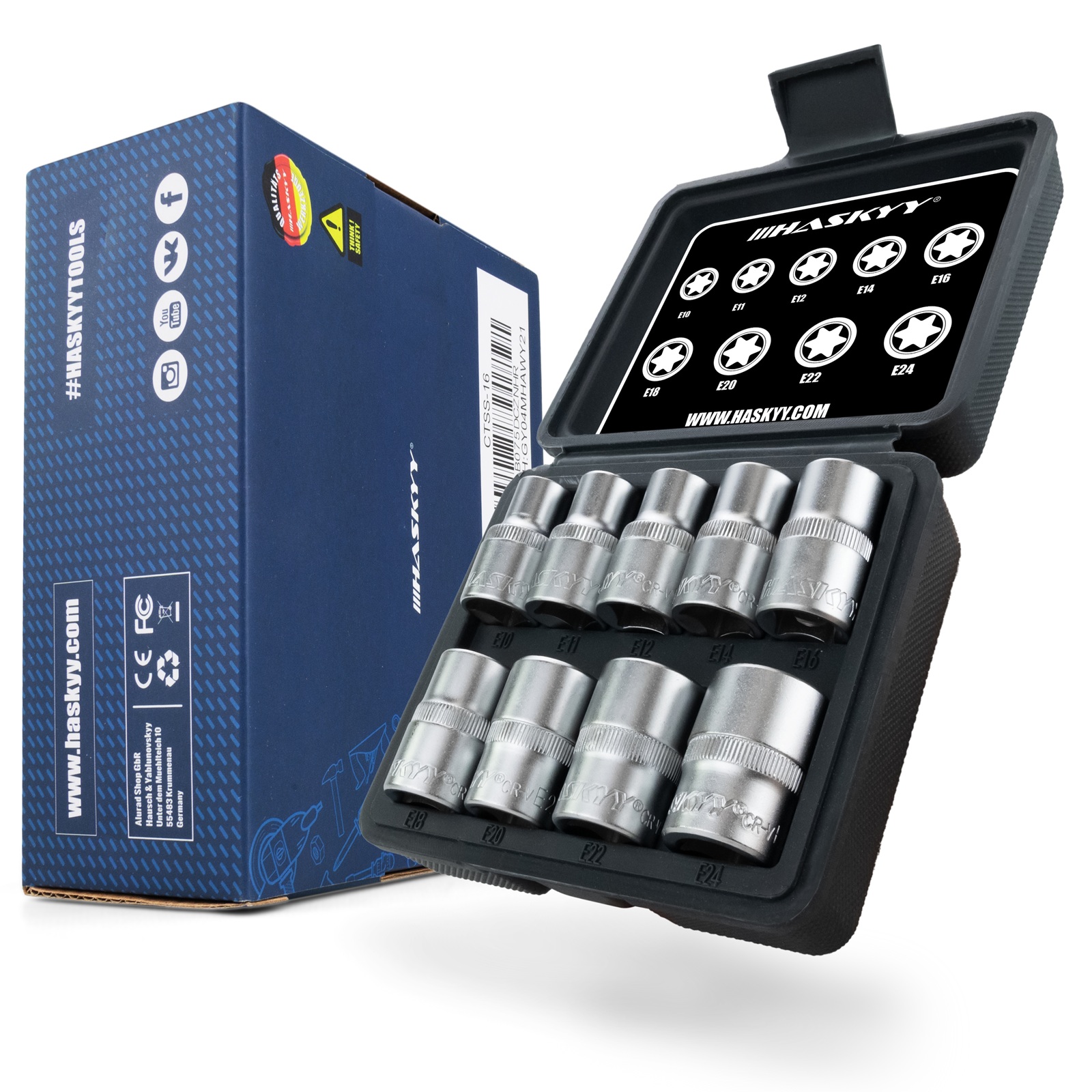HASKYY Torx Steckschlüssel Satz E10-E24 Nüsse 1/2" 9-teilig Außen-Torx Steckschlüsseleinsätze