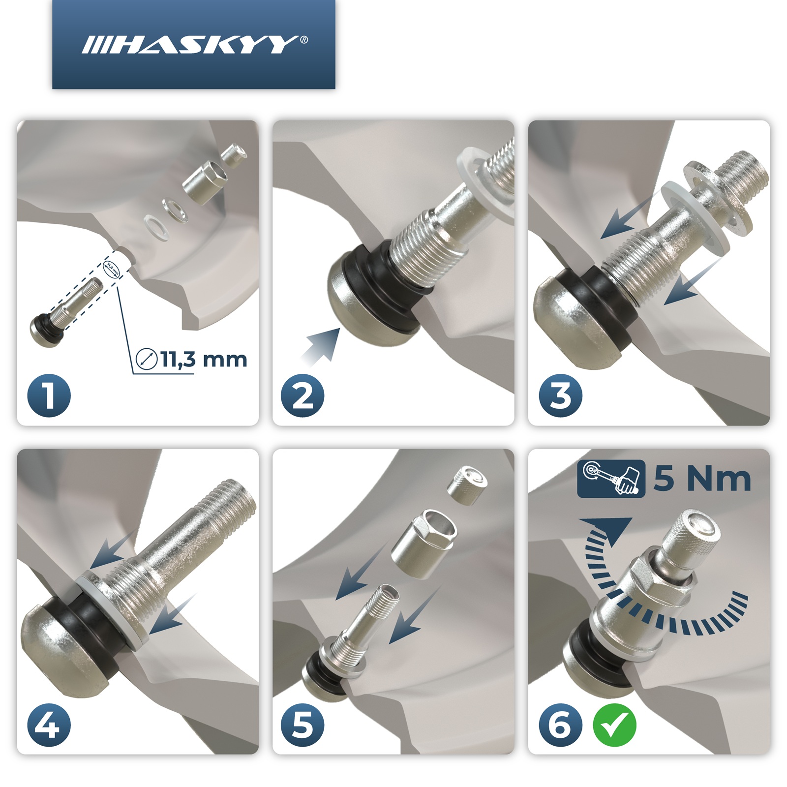 HASKYY Stahlventile Silber 4er Set – Universal Felgenventile 11,3 mm, 45 mm Länge, glänzend vernickelt