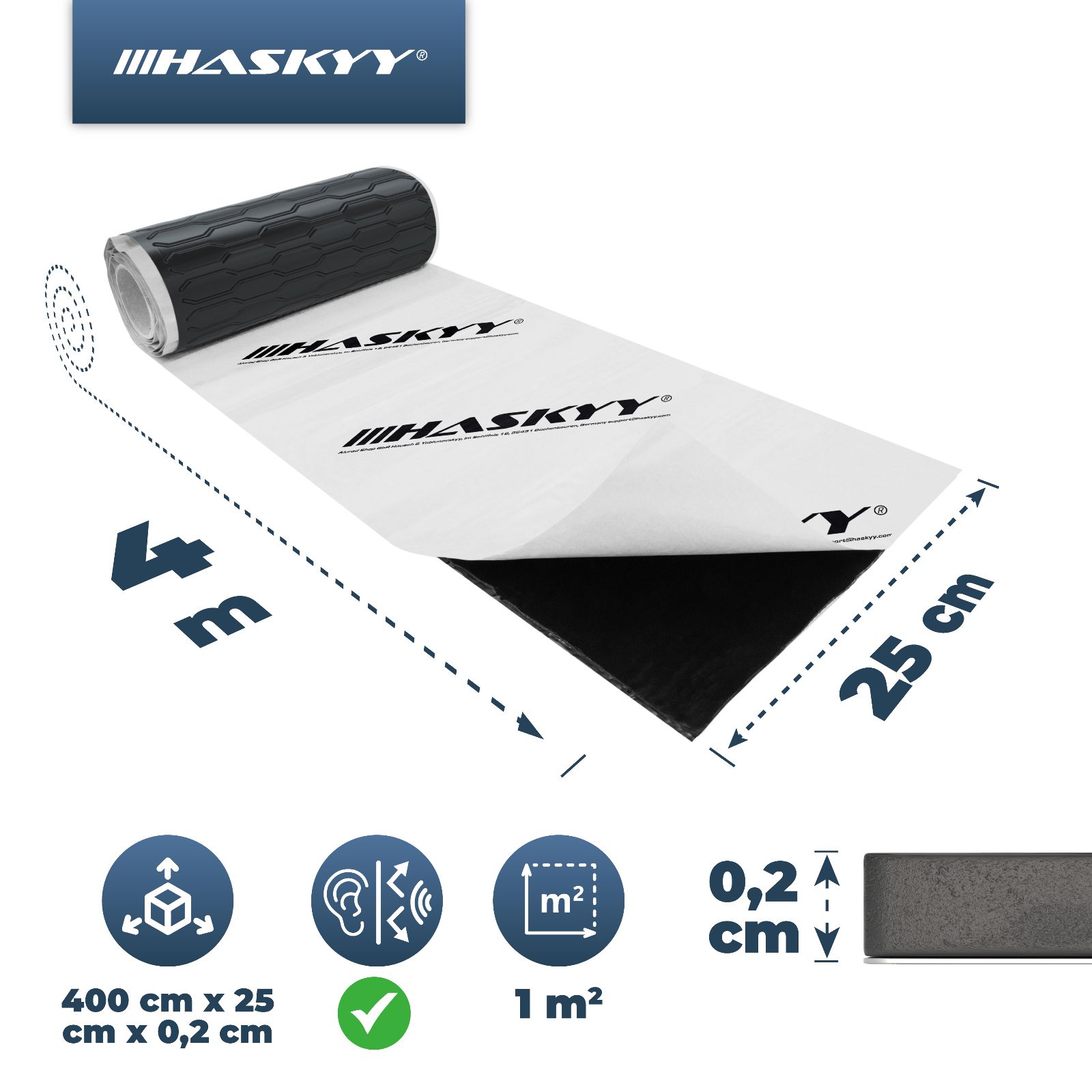 HASKYY 4m Alubutylrolle Schallisolierung Dämmmatte selbstklebend Schwarz 400x25cm