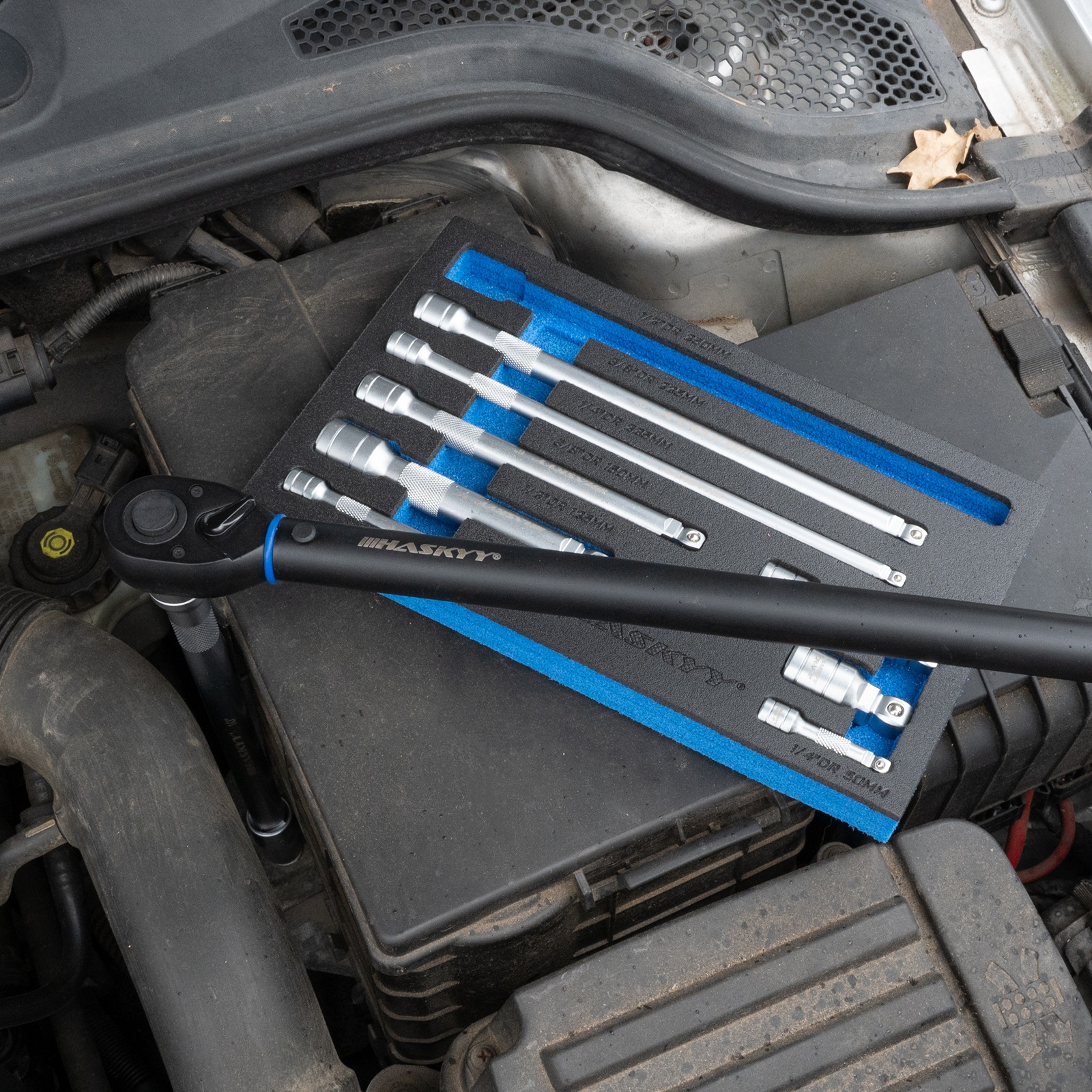 HASKYY Verlängerungs-Stecknuss-Set 9-tlg. 1/4" / 3/8" / 1/2" Antrieb – Längen 50-250 mm