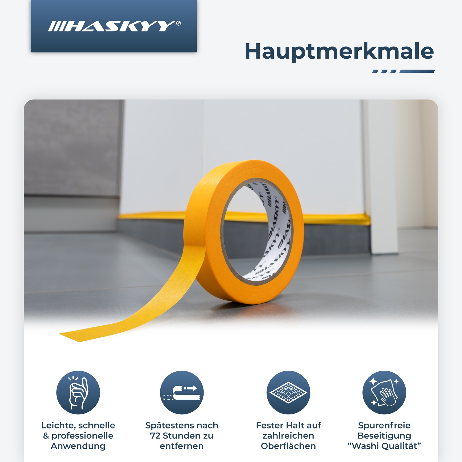 HASKYY Goldband Malerkrepp 20er Set – Malerband 19 mm × 50 m je Rolle, Profi Abdeckband aus Krepp Papier, selbstklebend, rückstandsfrei entfernbar