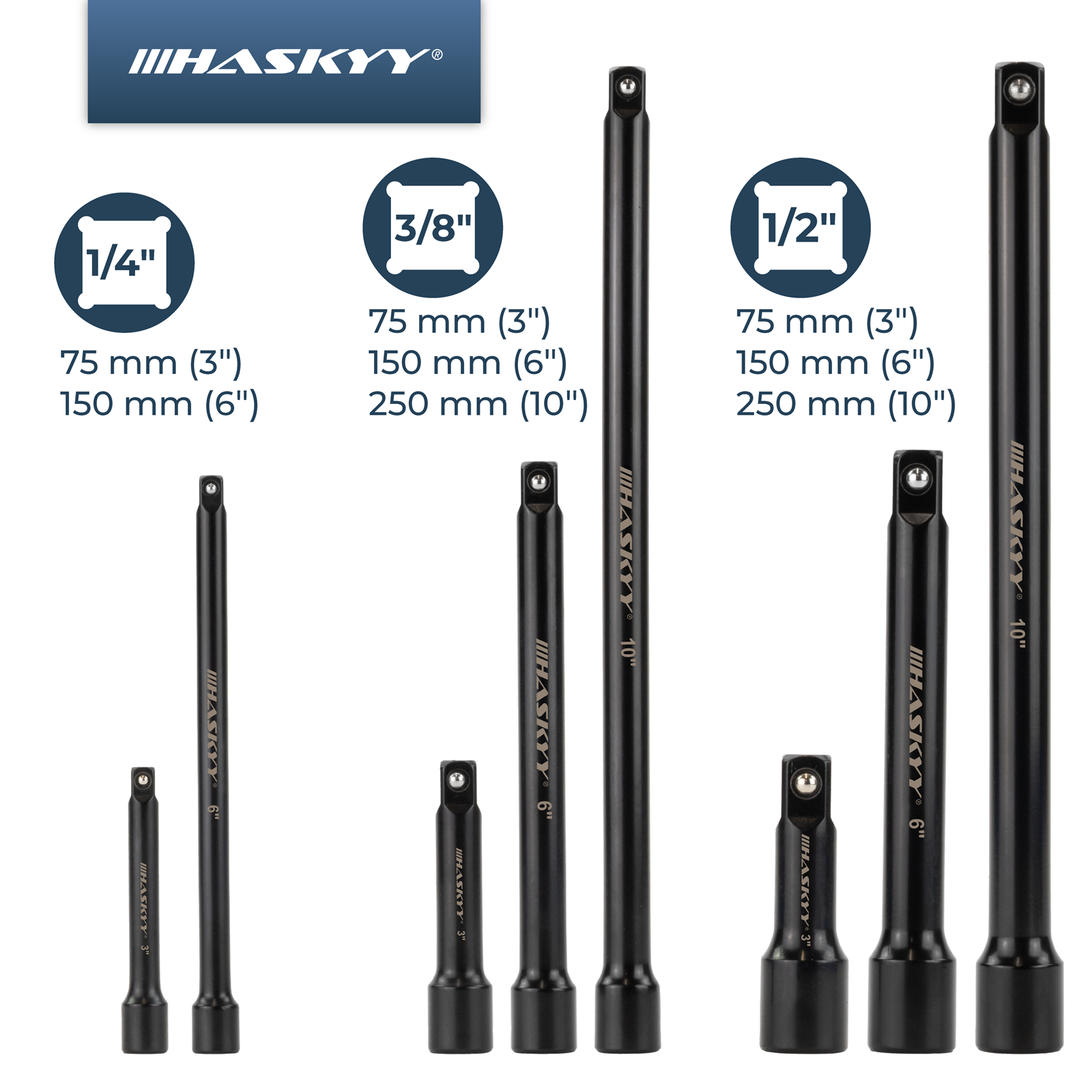 HASKYY Stecknuss-Verlängerungs- & Adapter-Set 18-tlg. 1/4″ 3/8″ 1/2″ Antrieb