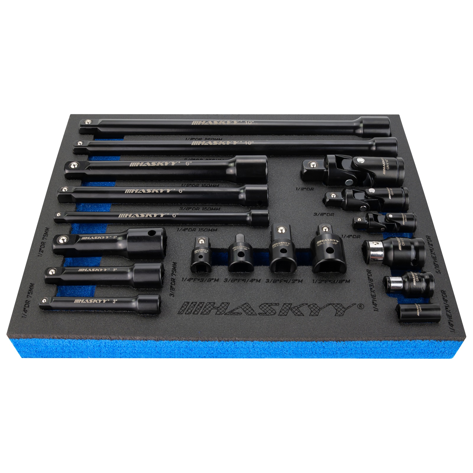 HASKYY Stecknuss-Verlängerungs- & Adapter-Set 18-tlg. 1/4″ 3/8″ 1/2″ Antrieb